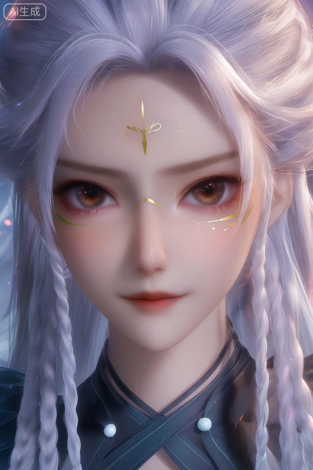 masterpiece, best quality, masterpiece,best quality,official art,extremely detailed CG unity 8k wallpaper,1girl,solo,looking at viewer,long hair,brown eyes,braid,white hair,facial mark,forehead mark,twin braids,portrait