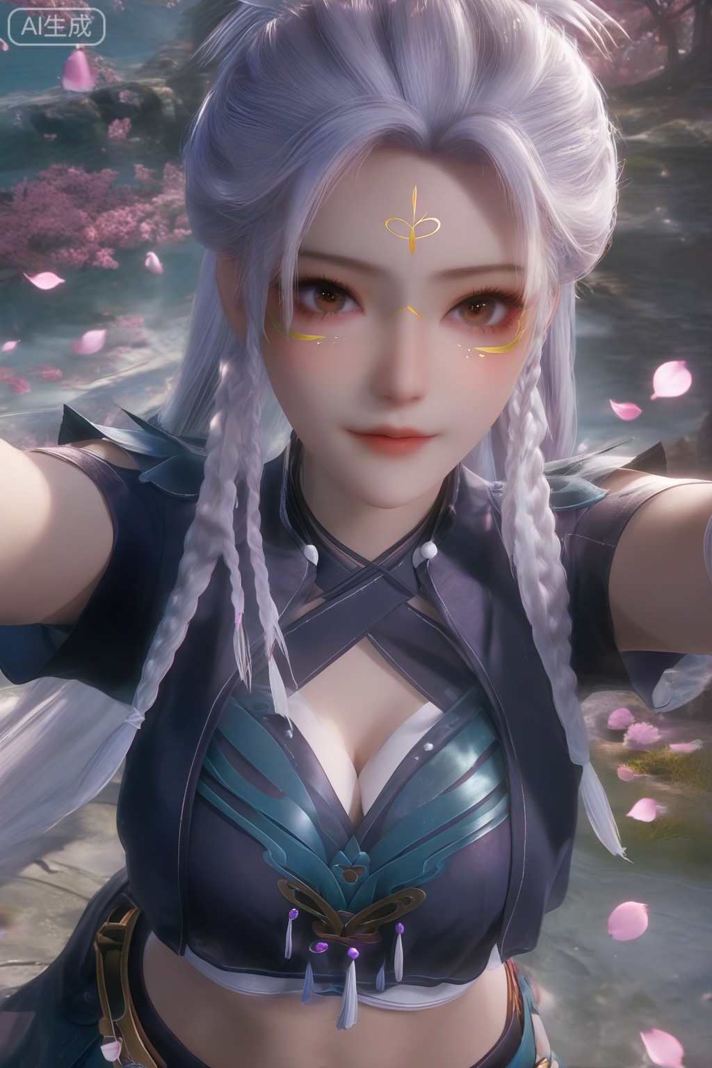 masterpiece, best quality, masterpiece,best quality,official art,extremely detailed CG unity 8k wallpaper,1girl,solo,looking at viewer,long hair,brown eyes,braid,white hair,facial mark,forehead mark,twin braids,body markings,faceoff,facing viewer,crop top,midriff,upper body,Cherry Blossoms,petals,breasts,cleavage cutout,from above,outstretched arms,