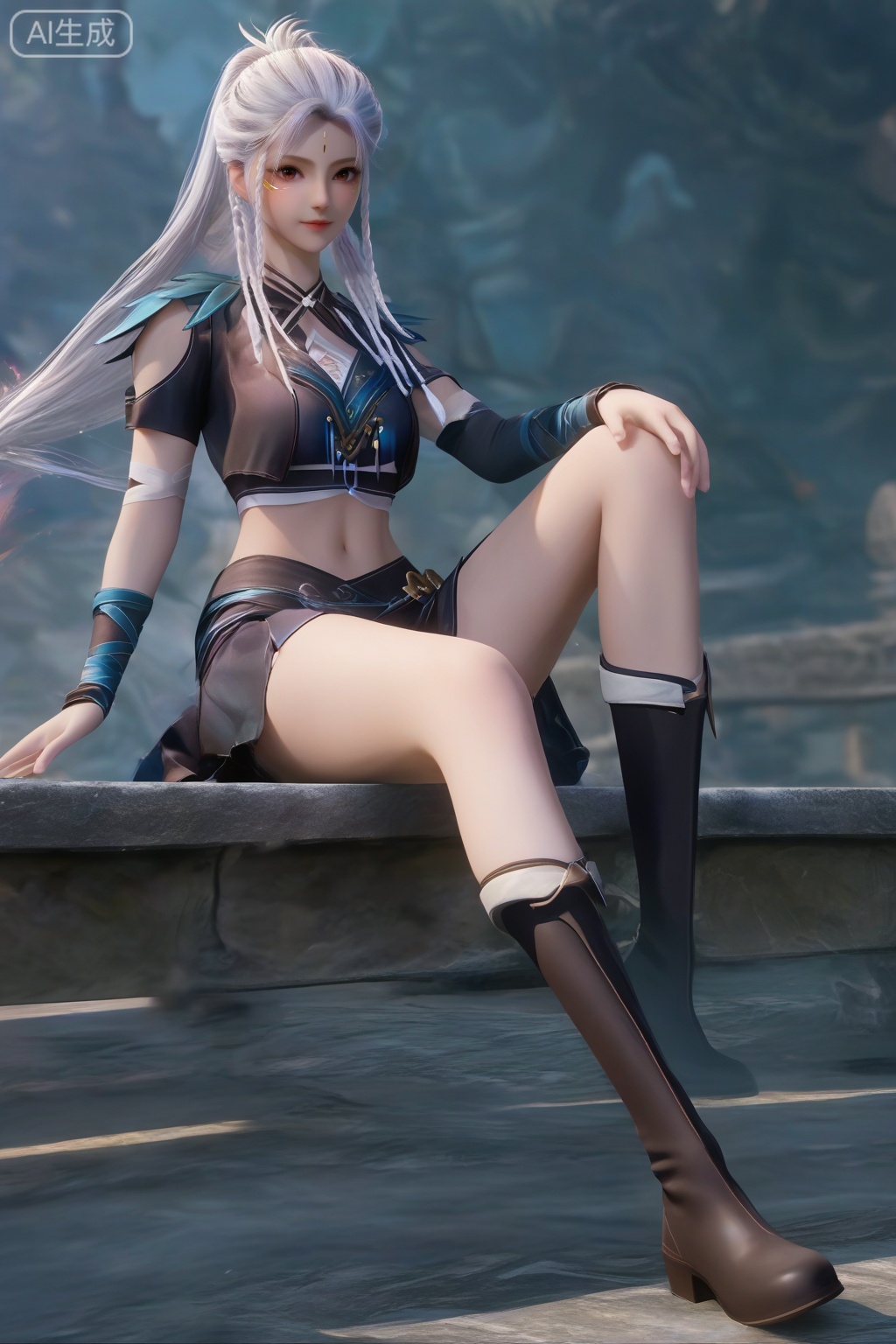 masterpiece, best quality, masterpiece,best quality,official art,extremely detailed CG unity 8k wallpaper,1girl,solo,looking at viewer,long hair,skirt,navel,brown eyes,braid,white hair,facial mark,forehead mark,twin braids,ponytail,midriff,crop top,skirt,legs,knee boots,full body,hands,sitting,stone,sitting on railing,magic,