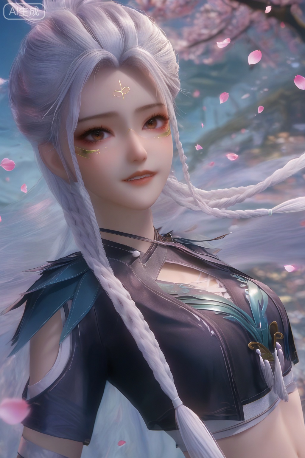 masterpiece, best quality, masterpiece,best quality,official art,extremely detailed CG unity 8k wallpaper,1girl,solo,looking at viewer,long hair,brown eyes,braid,white hair,facial mark,forehead mark,twin braids,body markings,faceoff,facing viewer,crop top,midriff,upper body,Cherry Blossoms,petals,Slender legs,lip biting,parted lips,(seize the chest with force:1.3),