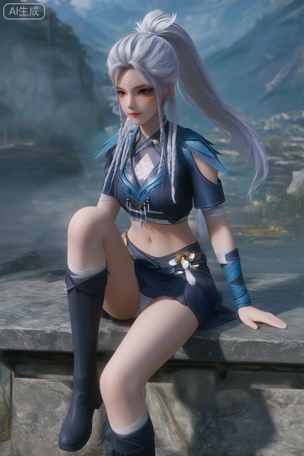 masterpiece, best quality, masterpiece,best quality,official art,extremely detailed CG unity 8k wallpaper,1girl,solo,looking at viewer,long hair,skirt,navel,brown eyes,braid,white hair,facial mark,forehead mark,twin braids,ponytail,midriff,crop top,skirt,legs,knee boots,full body,hands,sitting,stone,sitting on railing,magic,(knee up:1.3),full body,slender legs,hiking,