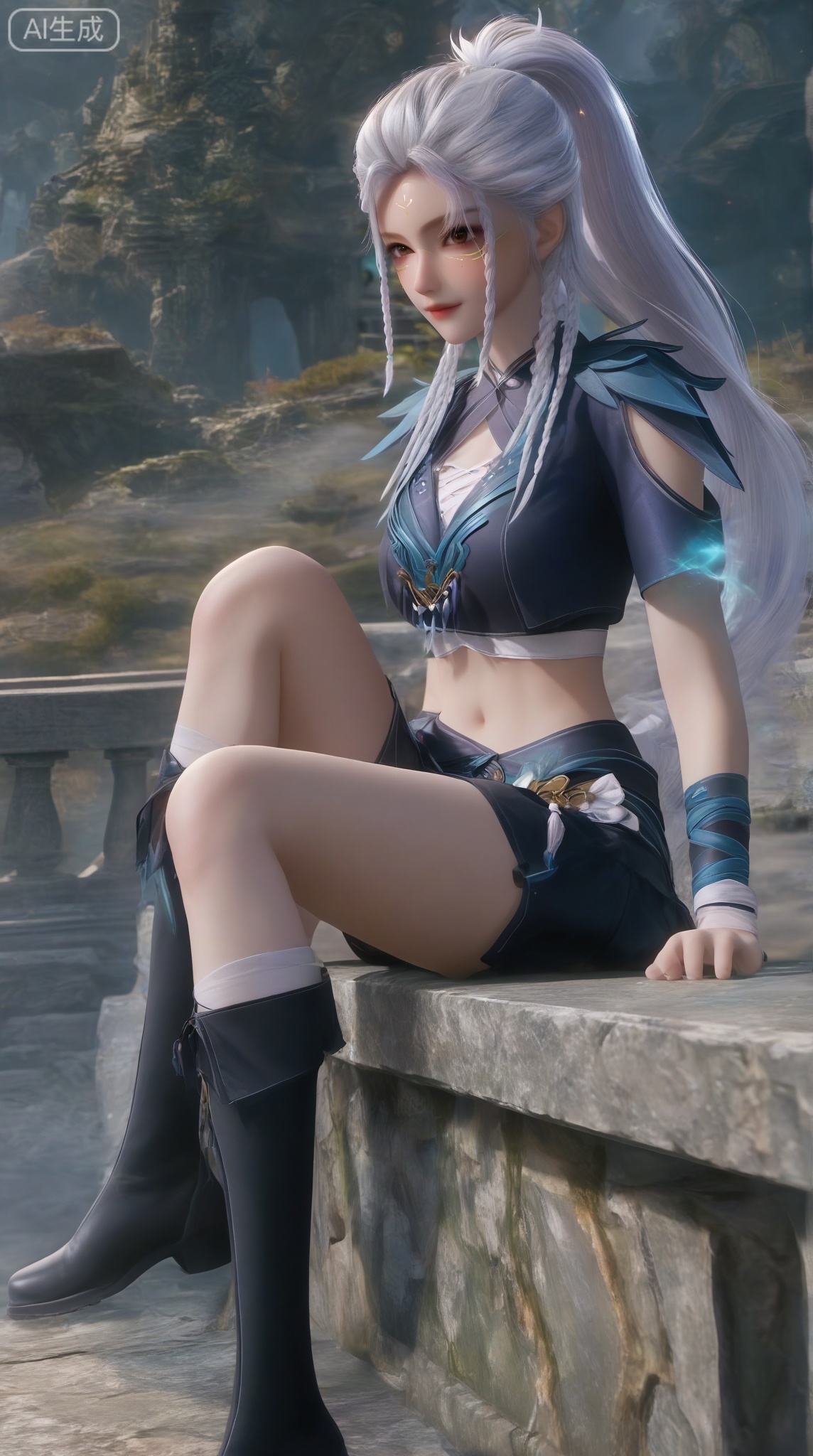 masterpiece, best quality, masterpiece,best quality,official art,extremely detailed CG unity 8k wallpaper,1girl,solo,looking at viewer,long hair,skirt,navel,brown eyes,braid,white hair,facial mark,forehead mark,twin braids,ponytail,midriff,crop top,skirt,legs,knee boots,full body,hands,sitting,stone,sitting on railing,magic,(knee up:1.2)