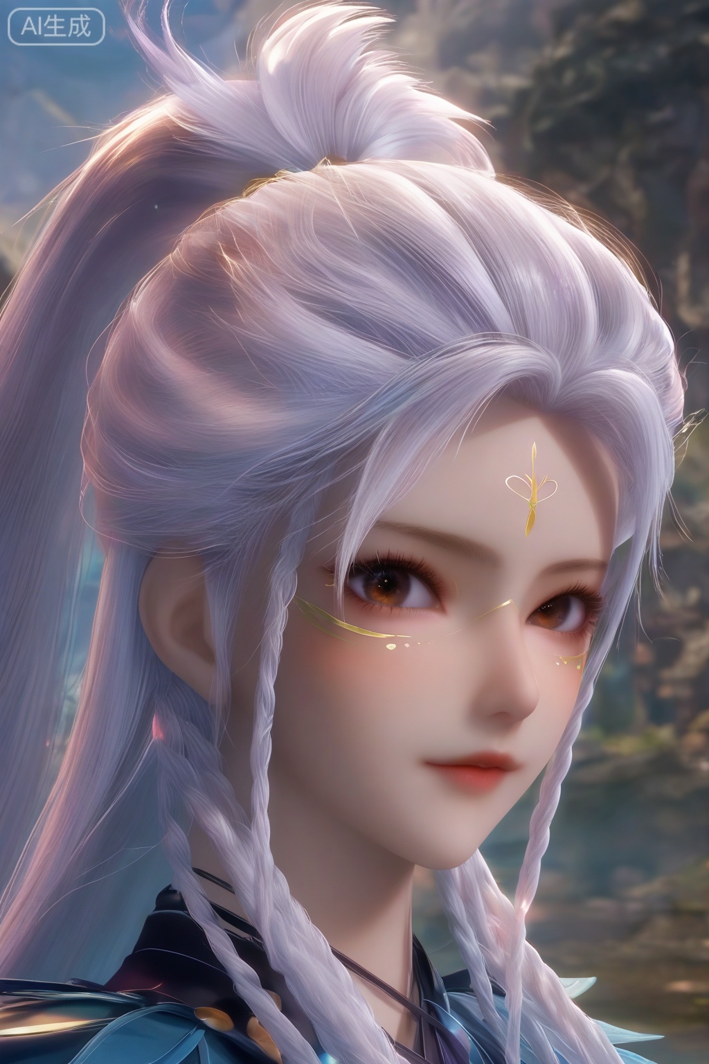 masterpiece, best quality, masterpiece,best quality,official art,extremely detailed CG unity 8k wallpaper,1girl,solo,looking at viewer,long hair,brown eyes,braid,white hair,facial mark,forehead mark,twin braids,ponytail,portrait