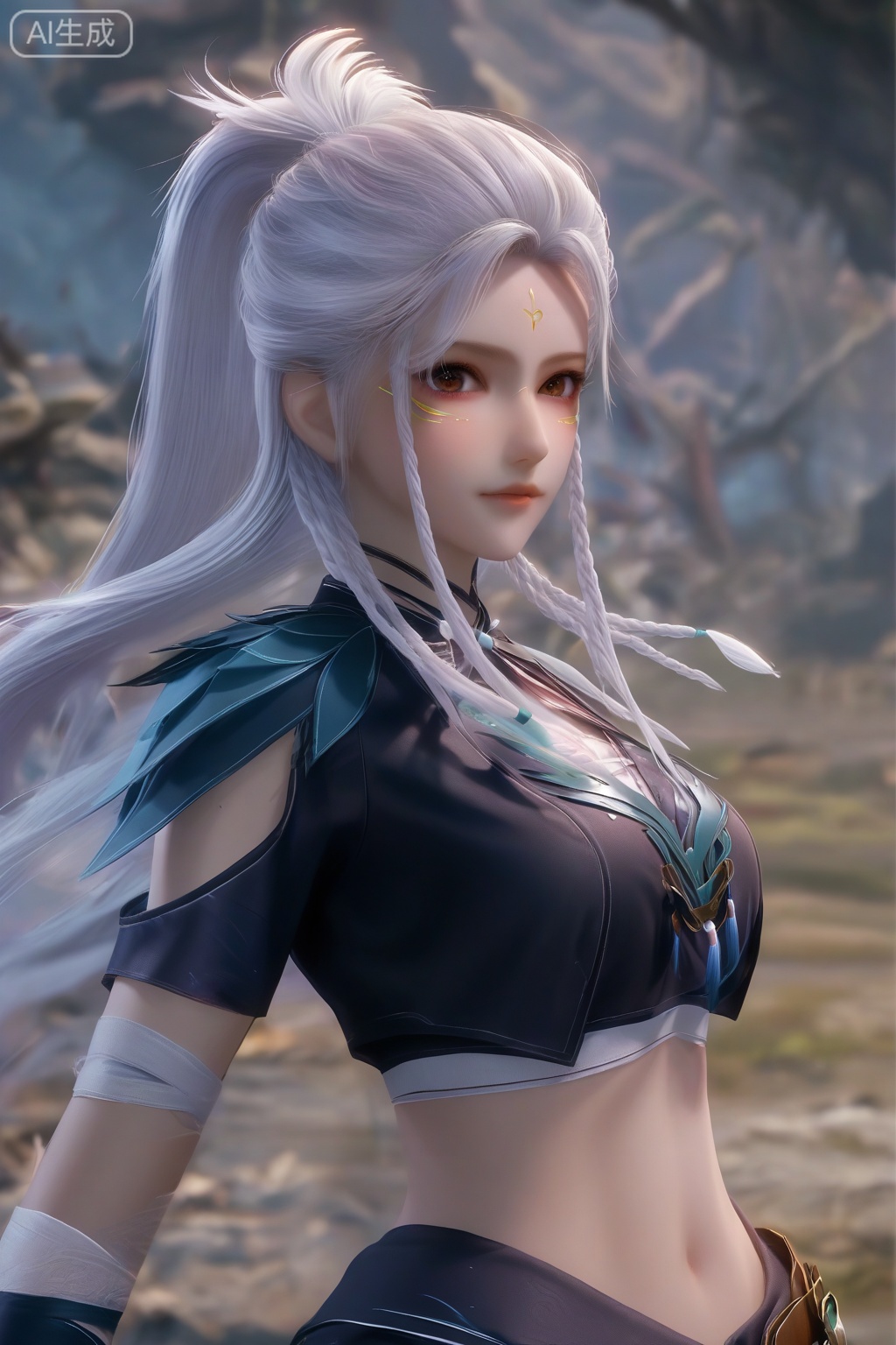 masterpiece, best quality, masterpiece,best quality,official art,extremely detailed CG unity 8k wallpaper,1girl,solo,looking at viewer,long hair,brown eyes,braid,white hair,facial mark,forehead mark,twin braids,ponytail,body markings,faceoff,facing viewer,crop top,midriff,upper body