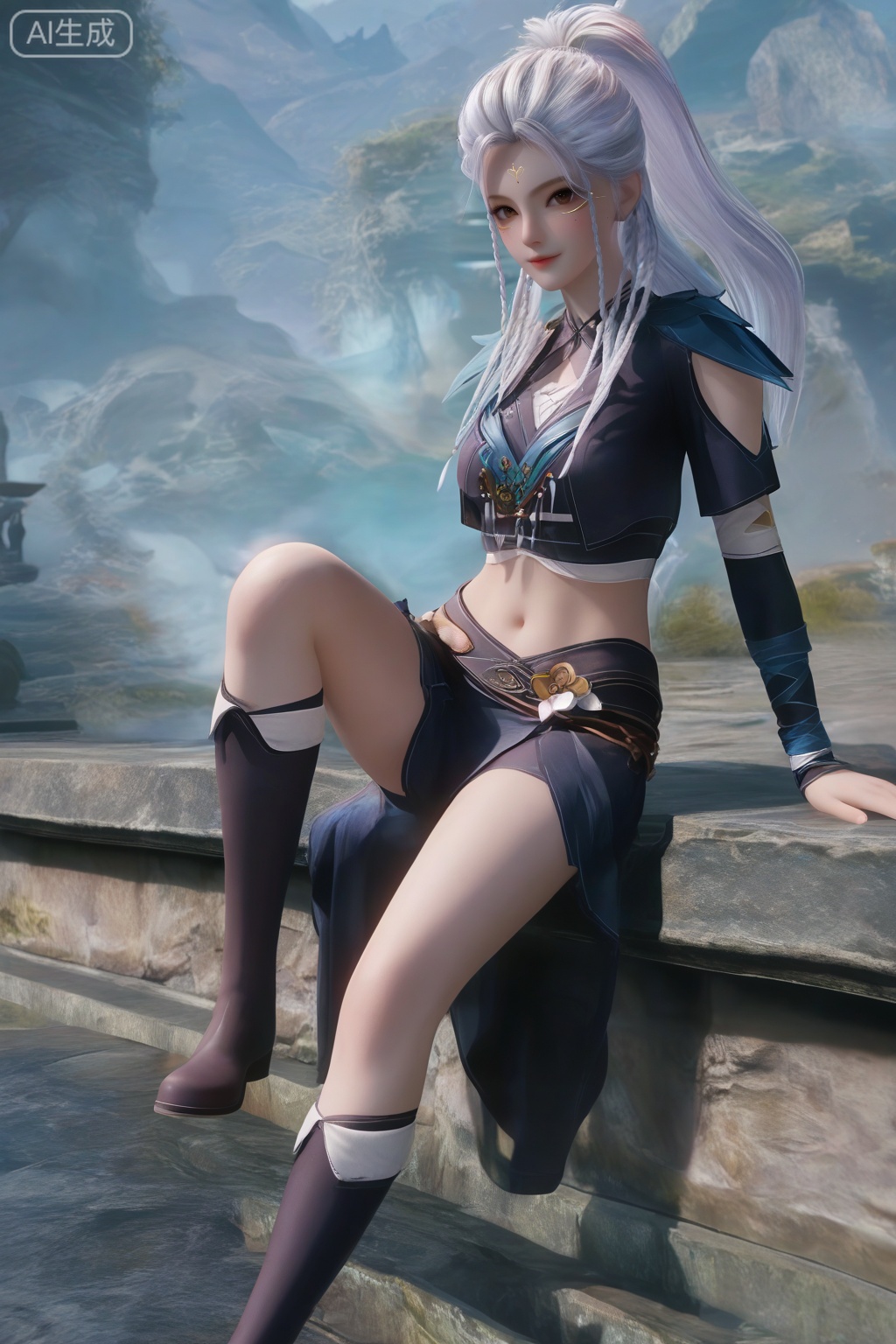 masterpiece, best quality, masterpiece,best quality,official art,extremely detailed CG unity 8k wallpaper,1girl,solo,looking at viewer,long hair,skirt,navel,brown eyes,braid,white hair,facial mark,forehead mark,twin braids,ponytail,midriff,crop top,skirt,legs,knee boots,full body,hands,sitting,stone,sitting on railing,magic,(knee up:1.3),full body,slender legs,hiking,