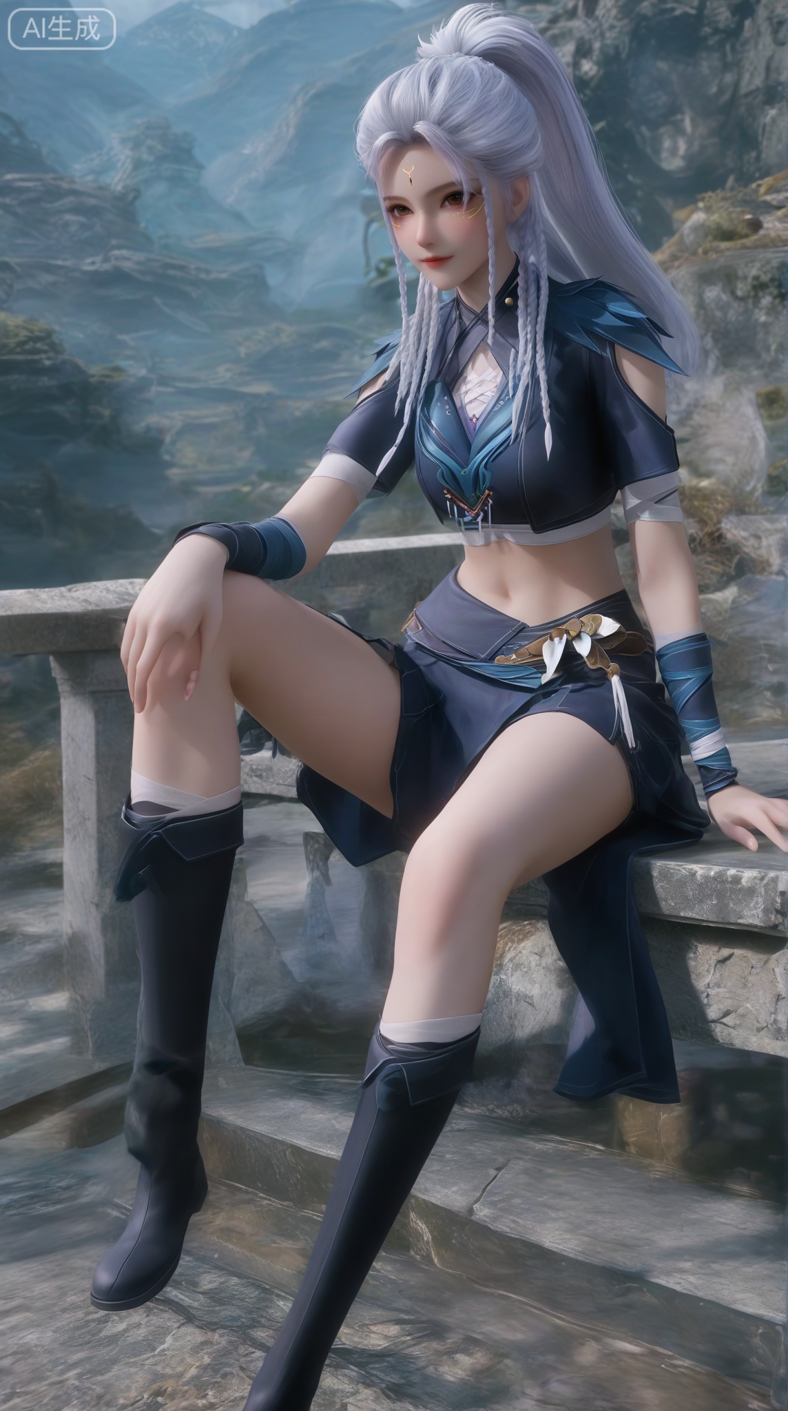 masterpiece, best quality, masterpiece,best quality,official art,extremely detailed CG unity 8k wallpaper,1girl,solo,looking at viewer,long hair,skirt,navel,brown eyes,braid,white hair,facial mark,forehead mark,twin braids,ponytail,midriff,crop top,skirt,legs,knee boots,full body,hands,sitting,stone,sitting on railing,magic,(knee up:1.2),full body,slender legs,hiking