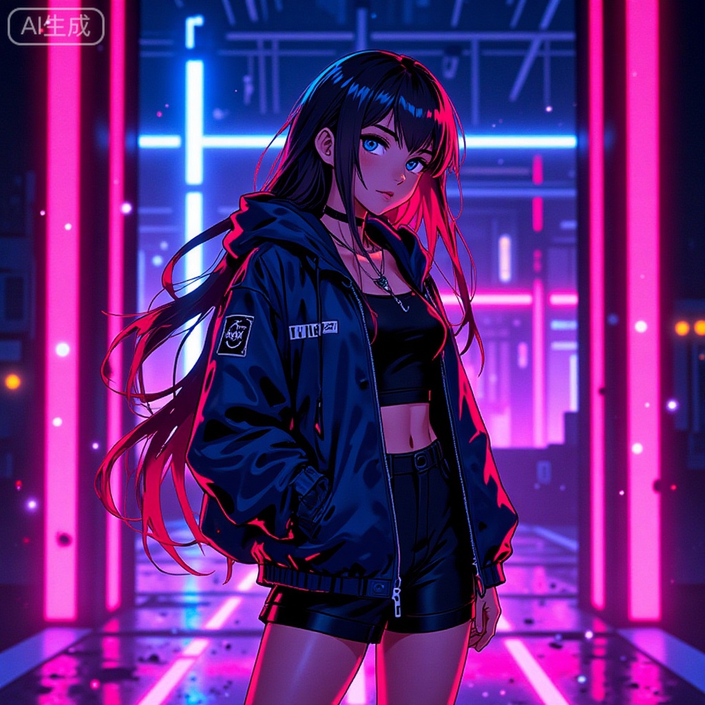 anime-style cyberpunk illustration of a girl with neon gradient hair and oversized jacket,Long hair, shorts