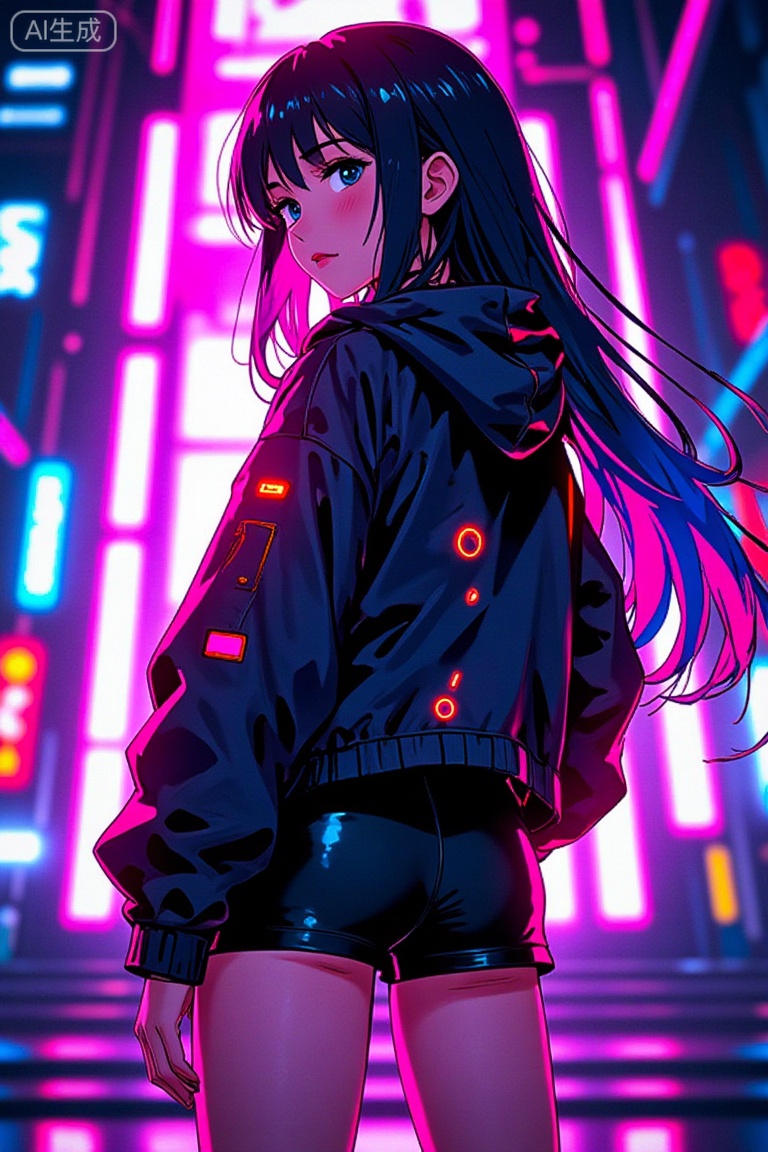anime-style cyberpunk illustration of a girl with neon gradient hair and oversized jacket,Long hair, shorts