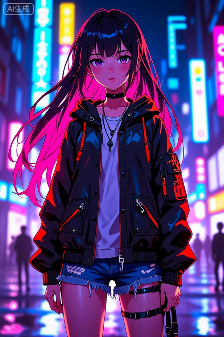 anime-style cyberpunk illustration of a girl with neon gradient hair and oversized jacket,Long hair, shorts