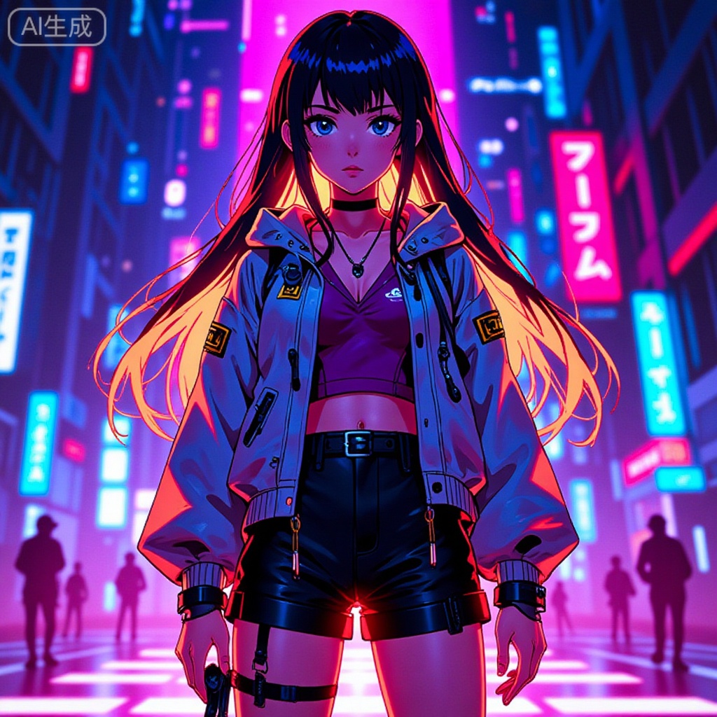 anime-style cyberpunk illustration of a girl with neon gradient hair and oversized jacket,Long hair, shorts