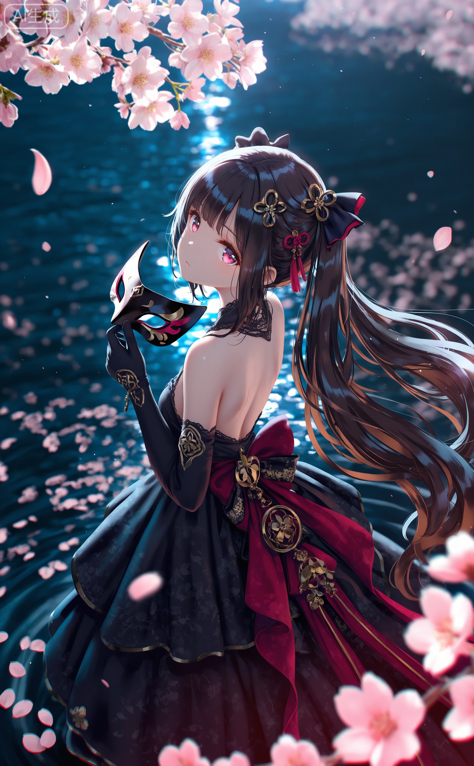 masterpiece,absurdres,best quality,high quality,chromatic_aberration,night,darkness,black theme,photorealistic,high contrast,high saturation//,artist:torino aqua,artist:rhasta,artist:wlop,artist:ke-ta,artist:hiten \(hitenkei\),//,1girl, solo, long hair, looking at viewer, bangs, brown hair, black hair, hair ornament, gloves, holding, bare shoulders, twintails, very long hair, standing, full body, looking back, pink eyes, water, from behind, mask, from above, cherry blossoms, mask removed, holding mask ,//,official art,depth of field,detailed light,blurry background,cinematic lighting,ray tracing,ultra detailed,god rays,backlighting,photo background,film grain,chromatic aberration,volumetric lighting,depth of field,blurry background,shiny skin,floating hair,cinematic lighting,day,very aesthetic,cowboy shot,look up,head wreath