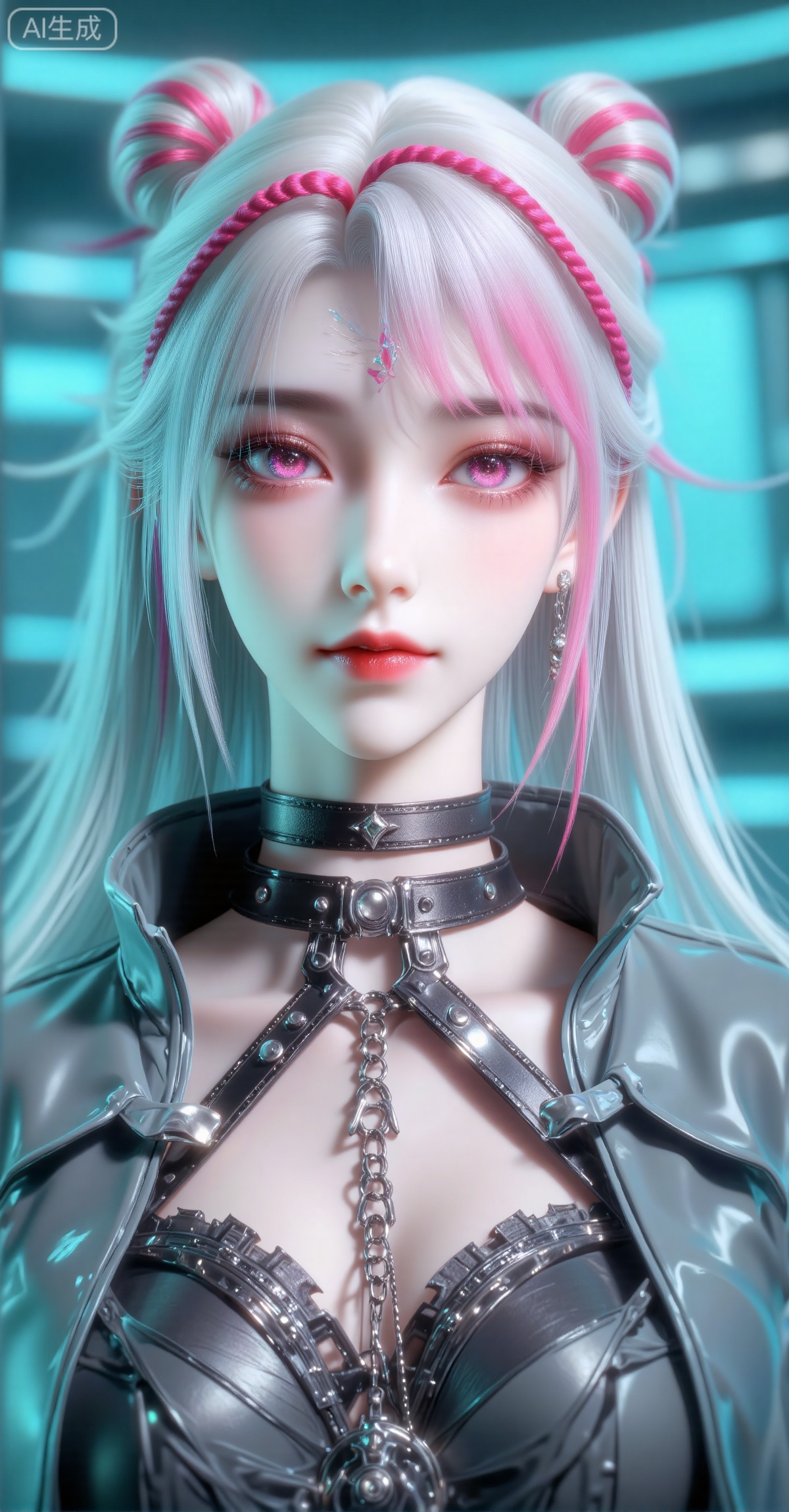 (masterpiece, best quality), 1girl, solo, centered composition, beautiful detailed face, sharp detailed eyes, pink eyes, intricate pink pupils, white hair with pink highlights, two small pink hair buns with ribbons, pink hairbands, delicate forehead pattern, black multi-layer choker collar, futuristic outfit with mechanical details, metallic accessories, cyberpunk fashion design, soft glowing lighting, pastel color palette, teal and blue sci-fi background, bokeh effect, depth of field, clean lines, anime aesthetic, digital painting, trending on artstation, concept art, vivid and ethereal atmosphere