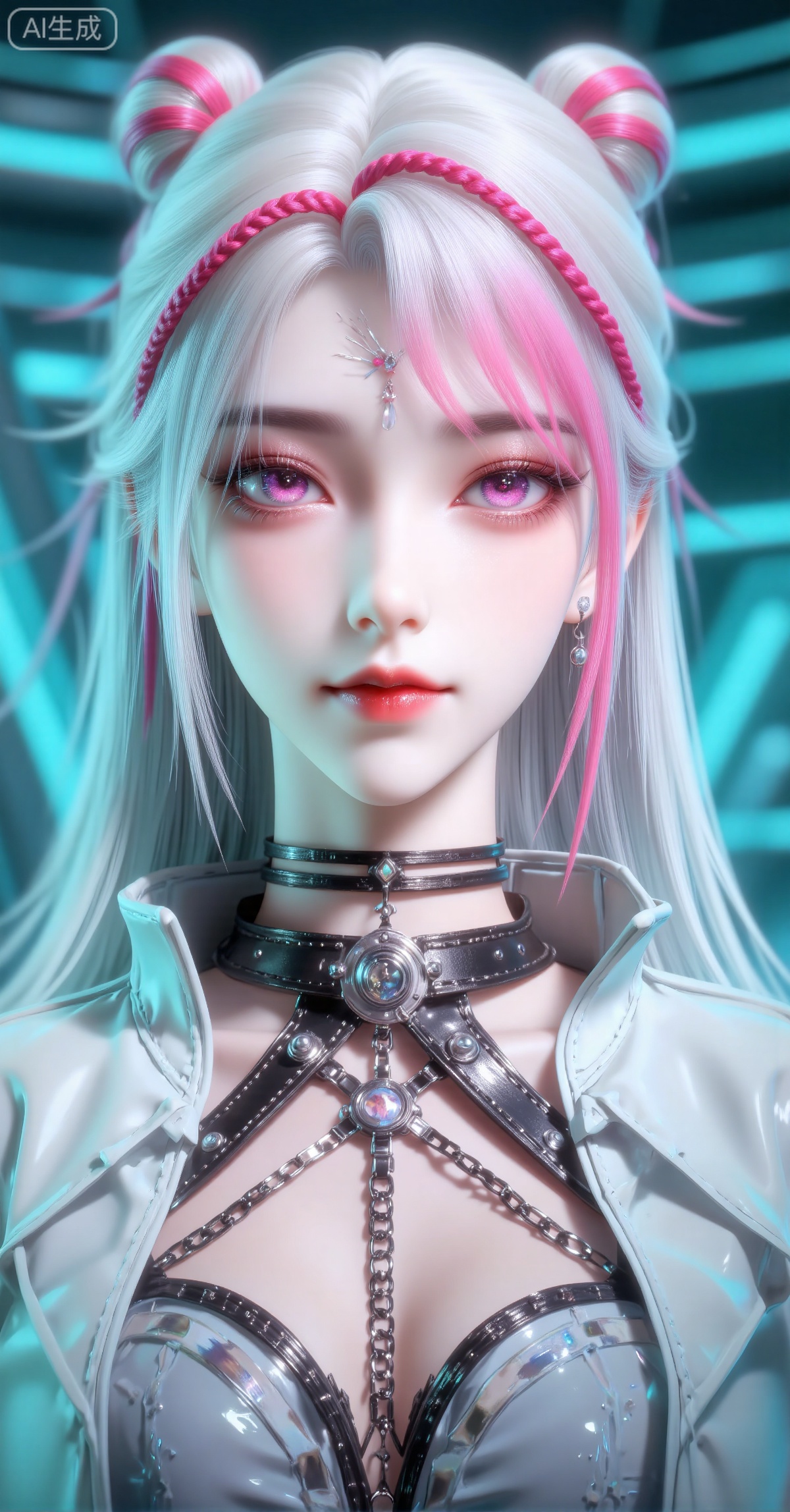 (masterpiece, best quality), 1girl, solo, centered composition, beautiful detailed face, sharp detailed eyes, pink eyes, intricate pink pupils, white hair with pink highlights, two small pink hair buns with ribbons, pink hairbands, delicate forehead pattern, black multi-layer choker collar, futuristic outfit with mechanical details, metallic accessories, cyberpunk fashion design, soft glowing lighting, pastel color palette, teal and blue sci-fi background, bokeh effect, depth of field, clean lines, anime aesthetic, digital painting, trending on artstation, concept art, vivid and ethereal atmosphere