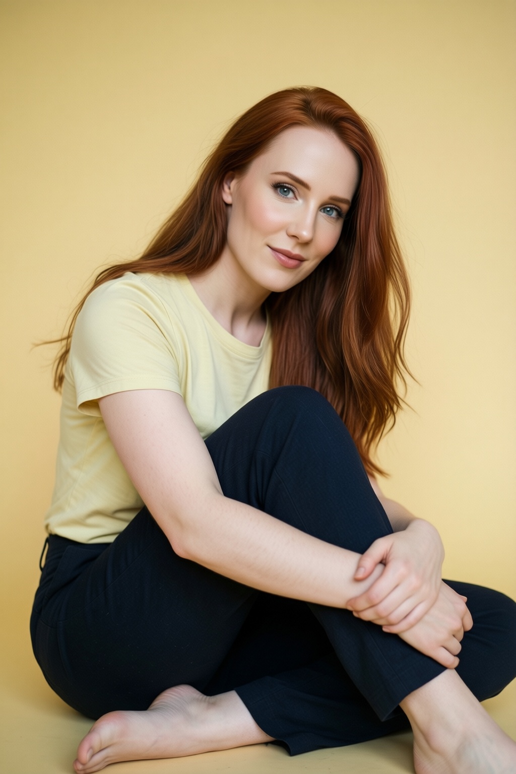 Professional studio photoshoot of a young Redhead woman with porcelain skin,  an athletic build,  and long on Tensor.Art