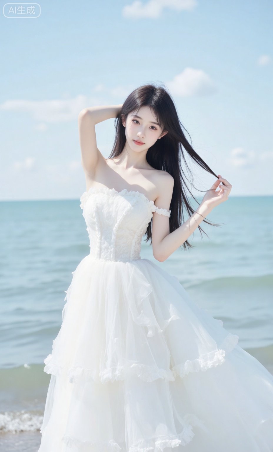 Gauze skirt,A young girl standing by the sea wearing a light white long dress, the sea breeze makes the skirt cling to her body, she uses her hand to brush back her hair in front of her face, her eyes are gentle and attractive, beautiful portrait, realistic lighting, ultra-high definition photography style.