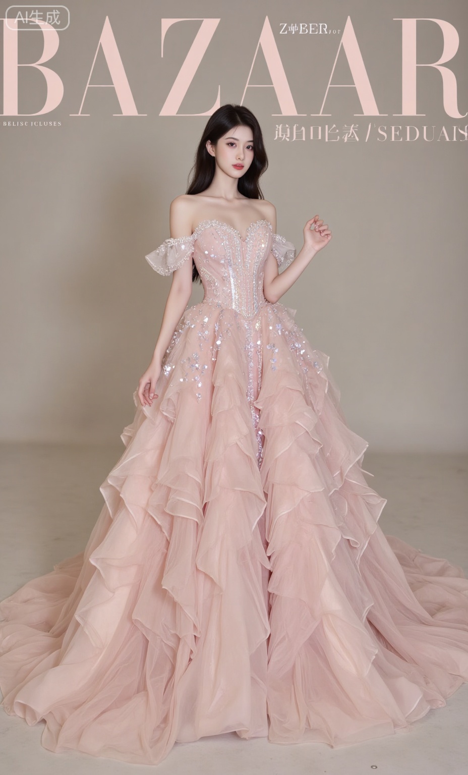 Gauze skirt,Beautiful girl, makeup and styling, Lolita, long fluffy skirt evening dress, off-the-shoulder long sleeves, Rococo style, passionate red lips, art, exquisite, minimalist style, fresh, diffused gradient, magazine cover, fashion magazine large text "BAZAAR" cover, subtitle "BELL AIGC"