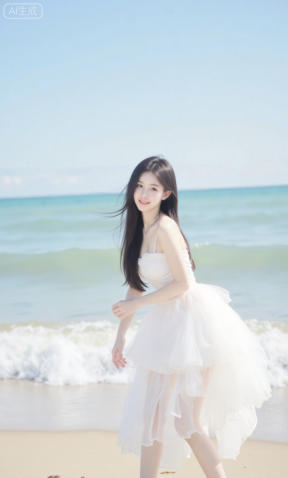 Gauze skirt,The scene starts with a vast sea, where waves gently beat against the shore. A beautiful woman with an outstanding style appears in the frame, wearing a white bikini dress, dancing gracefully in the sea breeze. Her smile is as bright as sunlight, and her eyes are full of tenderness and anticipation. 

The entire scene is dominated by soft tones, with the sea showing a dreamy light blue and the beach a warm beige color. The brightness is high, making everything clear and bright, with low contrast creating a hazy and beautiful atmosphere.