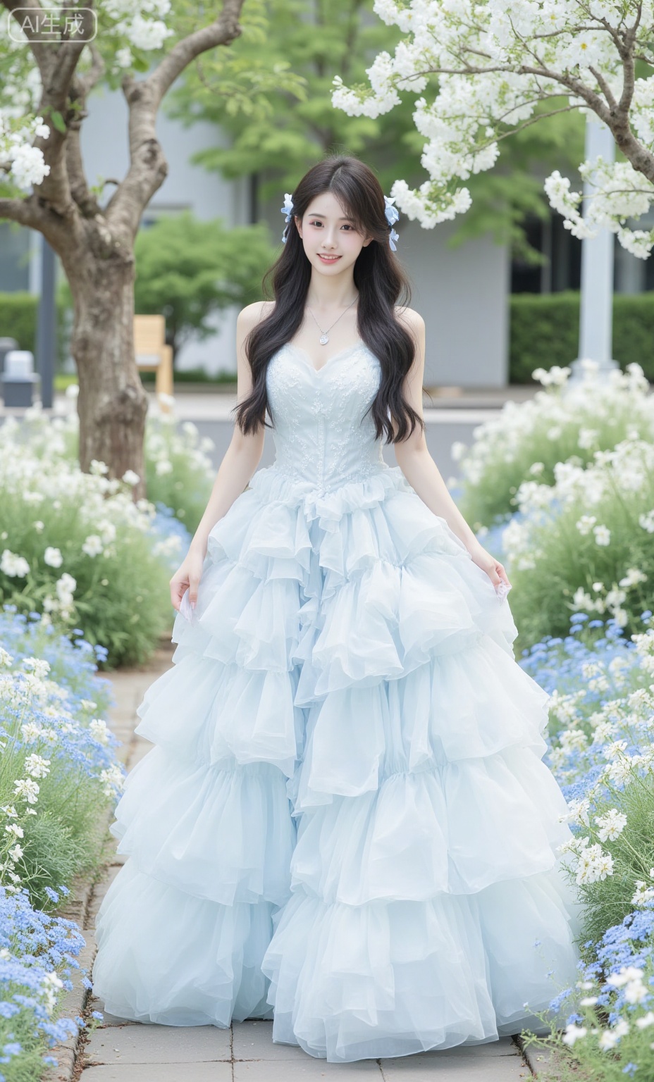 Gauze skirt,Air steps, steps covered with flowers, ethereal atmosphere, modern beauty, wearing a V-neck three-dimensional gauze dress, light blue flowing long dress, fluffy natural long hair, with blue small flowers, smiling walking on the steps, beautiful and dreamy, full view long shot of the whole body from the side,