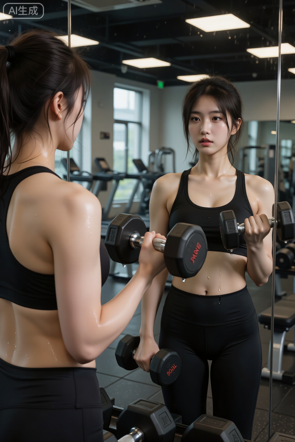 2. 健身房镜子反射中，她举哑铃的侧影与正面专注神情重叠，汗水滴落