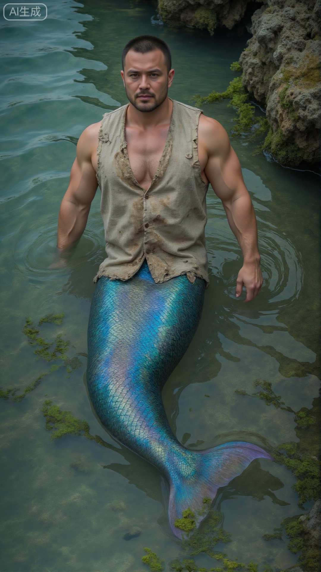 A merman: well-built male upper body (wearing a tattered linen vest), from the waist down a long, iridescent blue-scaled mermaid tail flipping gently in shallow seawater, with coral reefs and floating seaweed in the background.