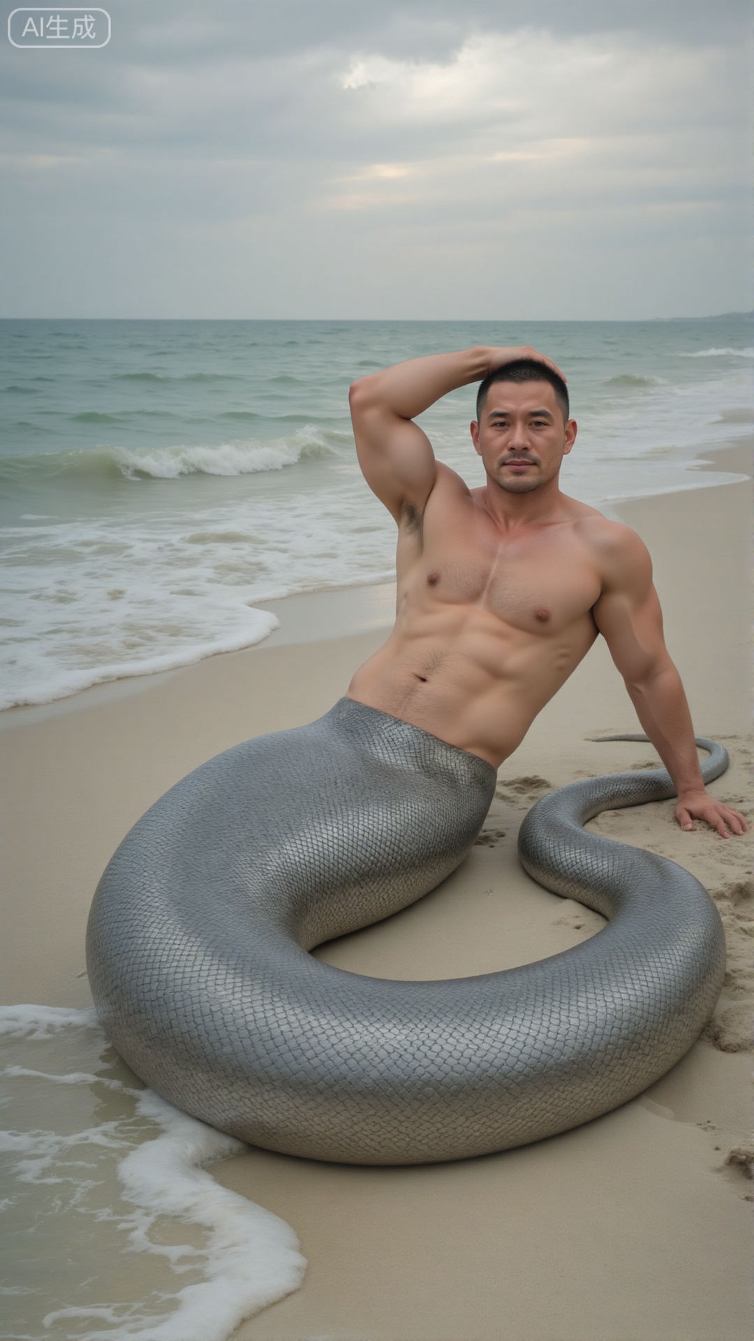 male snake,A serpent man: muscular shirtless human torso, reclining on a sandy beach where gentle waves lap at the shore, with his right arm resting on the sand and his left hand propping up his head; from belly button down, a thick silvery - scaled snake tail coils in a large curve on the sand, its tip extending toward the water; overcast sky with soft lighting; he has a relaxed expression.