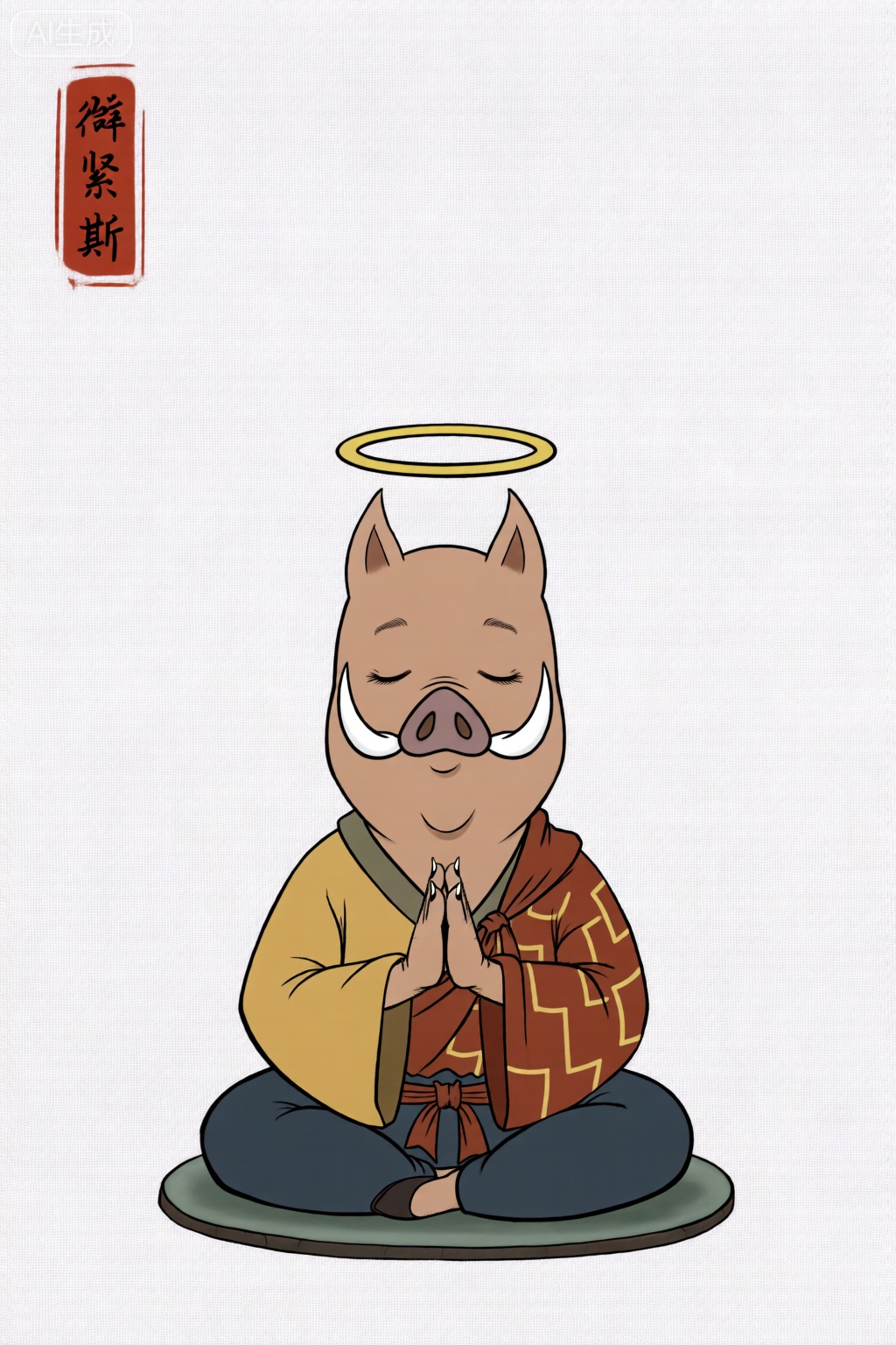 猪穿着唐僧的袈裟,念紧箍咒,闭着眼,打坐