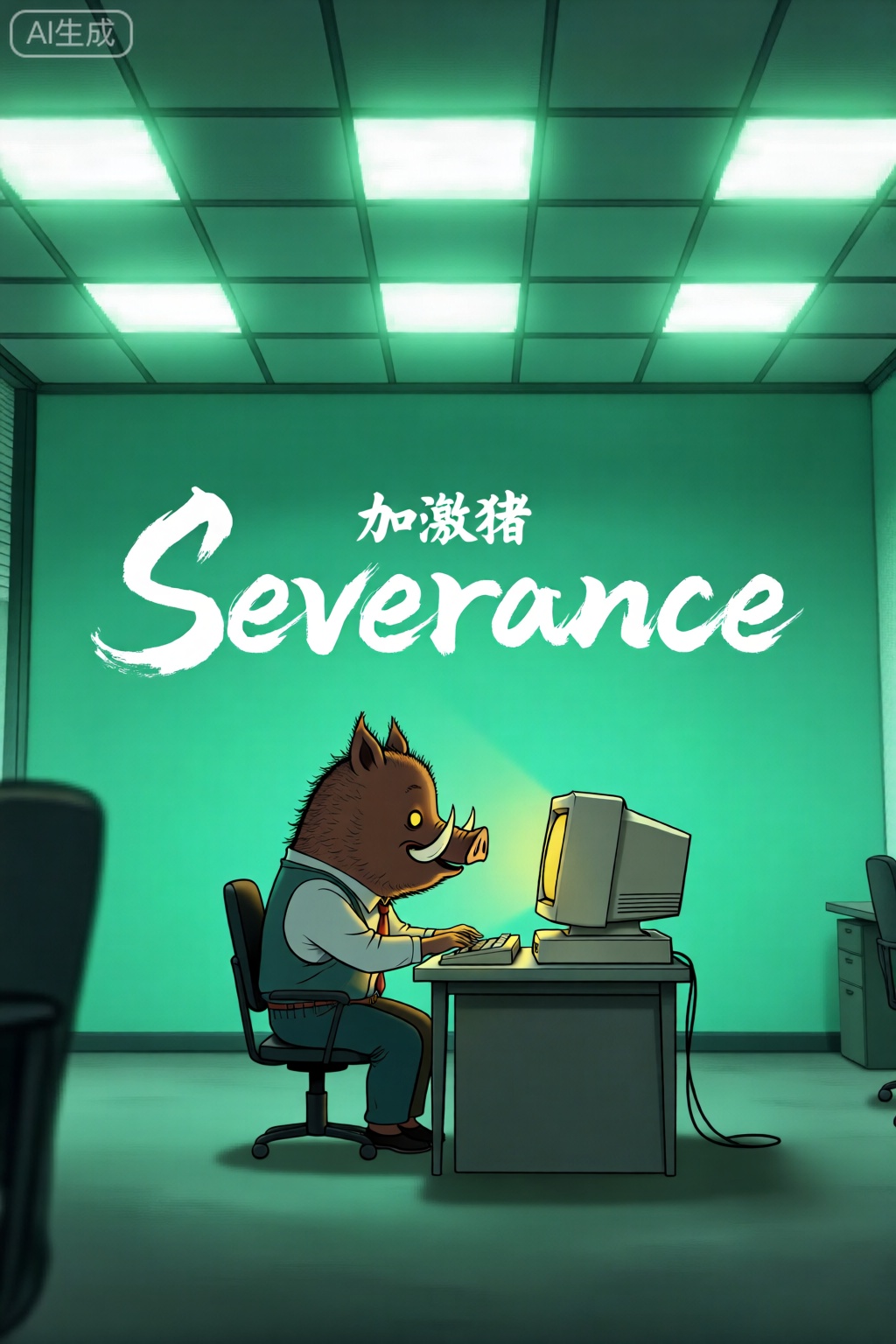 一只猪头顶被打开,内部坐着迷你版的野猪员工,正在操作一台复古电脑,极简绿色办公室环境,荧光灯网格天花板,画面中有‘Severance’白色字体光线柔和,居中构图,带有心理暗示的不安氛围,中间部标题：加班猪,字体为国风,书法字体,字体苍劲有力