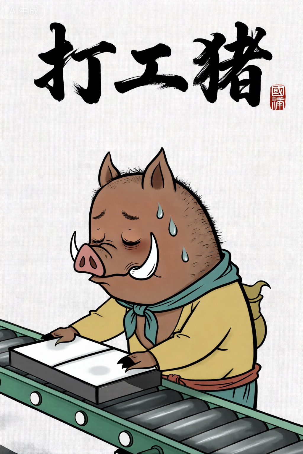 一只猪,在流水线上工作,累的满头大汗,双眼武神,顶部标题：打工猪,字体为国风,书法字体,字体苍劲有力