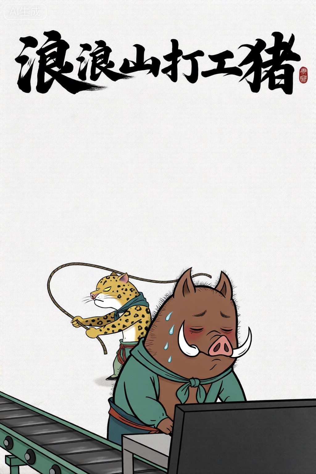 一只猪,在流水线上工作,累的满头大汗,双眼无神,后面有一只拟人化的豹子精用鞭子抽打猪,顶部标题：浪浪山打工猪,字体为国风,书法字体,字体苍劲有力