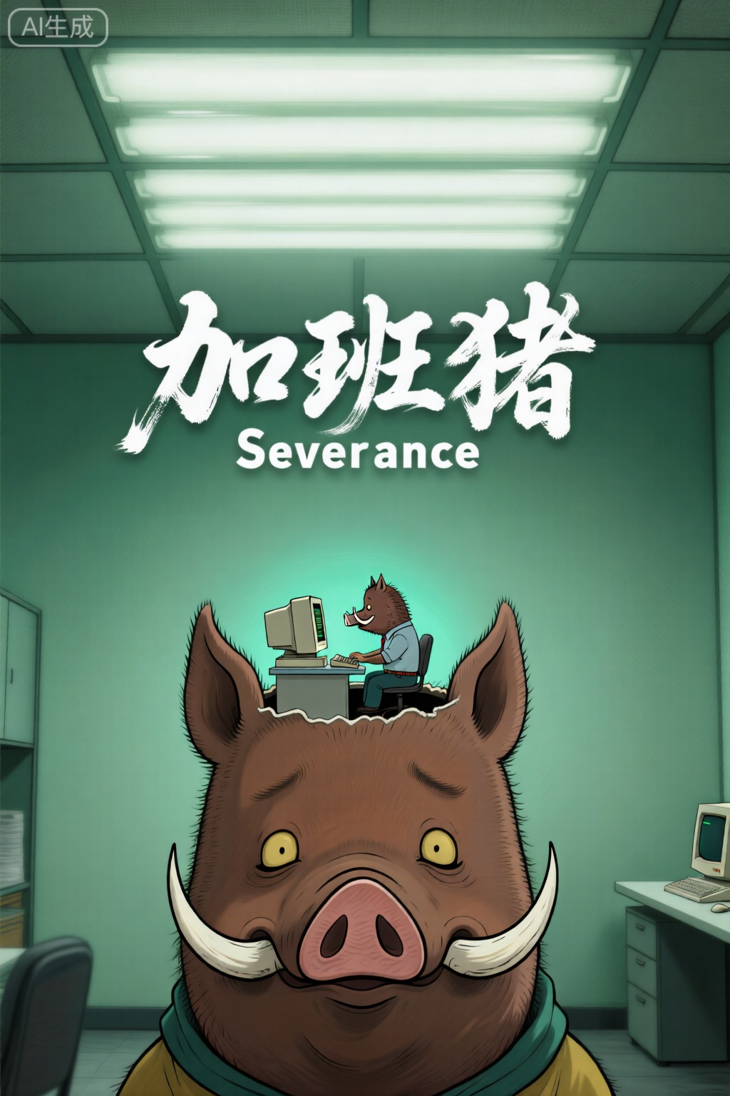 ,概念超现实主义海报艺术,一只猪,的头顶被打开,内部坐着迷你版的野猪员工,正在操作一台复古电脑,极简绿色办公室环境,荧光灯网格天花板,画面中有‘Severance’白色字体,70年代科幻公司风格,超写实风格,光线柔和,居中构图,带有心理暗示的不安氛围,中间部标题：加班猪,字体为国风,书法字体,字体苍劲有力