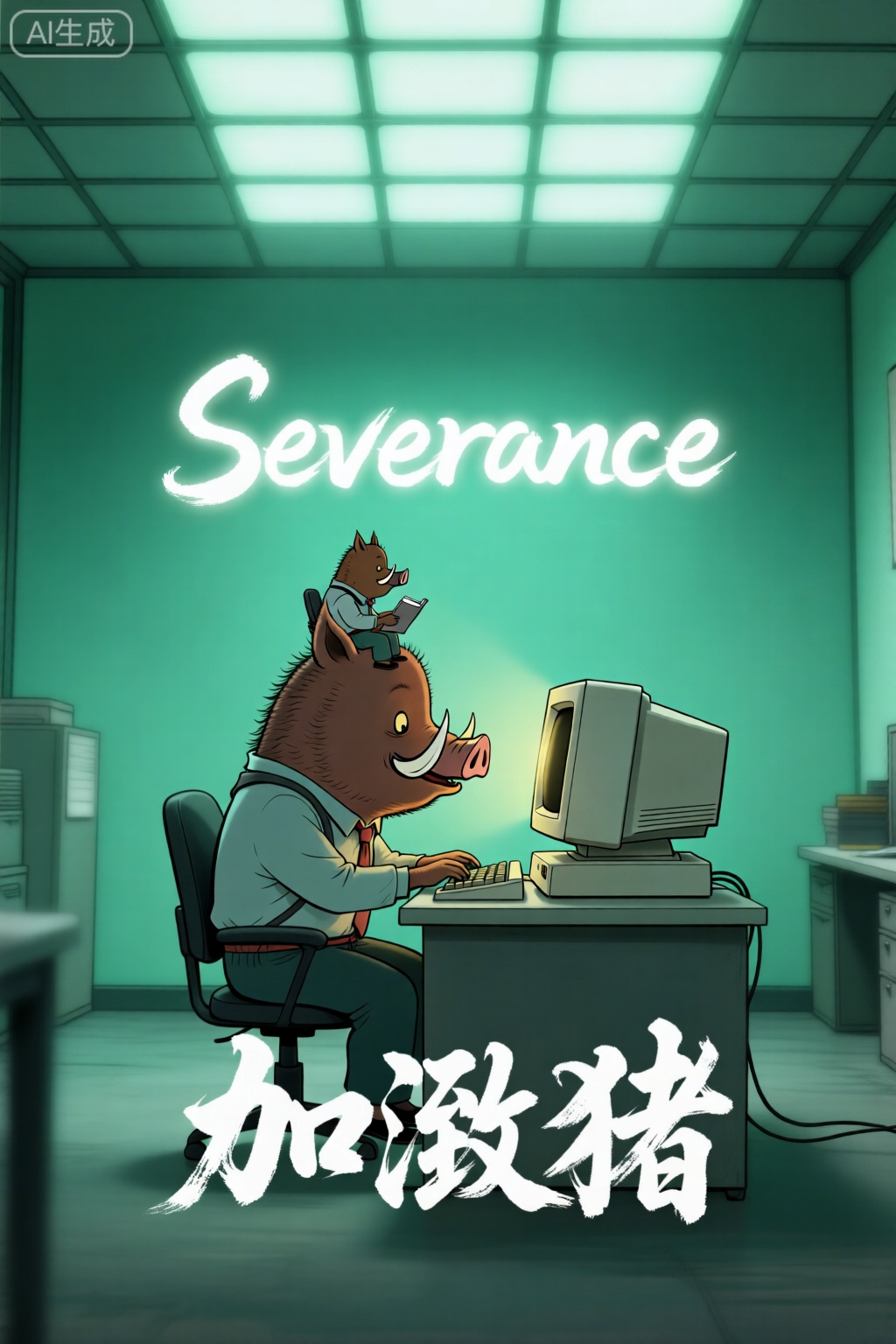 一只猪头顶被打开,内部坐着迷你版的野猪员工,正在操作一台复古电脑,极简绿色办公室环境,荧光灯网格天花板,画面中有‘Severance’白色字体光线柔和,居中构图,带有心理暗示的不安氛围,中间部标题：加班猪,字体为国风,书法字体,字体苍劲有力