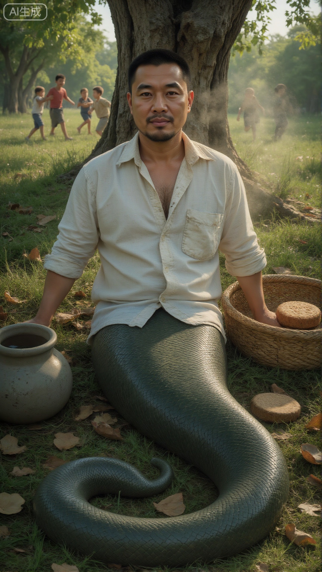 The morning sun shone through the gaps of leaves and fell on the grass, and serpent man sat under an old locust tree. The upper body is wearing a white-washed cotton shirt, with casually rolled up to the forearm. The exposed skin is light brown as it is always outdoor activities, and there are several shallow lines on the neck, revealing traces of life.
 
The scales of his snake's tail are dark green, with an undetectable matte edge, which is casually laid on the grass, and the tip of his tail occasionally swept across the fallen leaves on the ground, making a tiny sound. Next to me was a rattan basket containing half a piece of wheat cake and a stone pottery kettle. The water vapor condensed into small drops of water on the wall of the kettle and slowly slid down.
 
Not far away, several children were chasing and fighting, and laughter drifted in the wind. Serpent Man turned his head slightly, his eyes falling on them, his eyes calm, without deliberate attention, but it seemed as if he had taken in all the movements around him. The sunlight slowly moved on him, and the shadow of the shirt and the snake's tail overlapped together, creating a quiet picture on the grass.