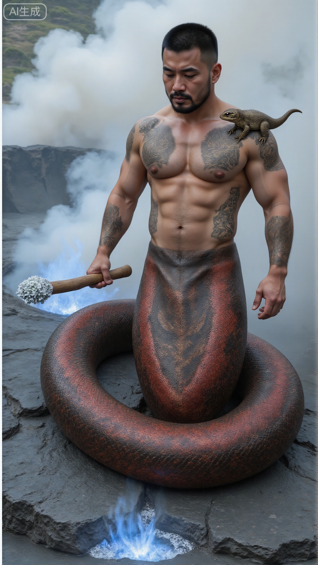 A serpent man: The upper body is a strong body covered with bronze tattoos, and a small salamander is on his shoulder; from below the waist, a snake tail covered with dark red lava pattern scales is coiled on the scorching black volcanic rock, and the tail tip gently taps the rock and makes a muffled sound. He held a wooden stick inlaid with sulfur crystals and looked down at the light blue flames coming out of the cracks of the rocks. The background was a steaming crater and gray-black smoke column, and the smell of sulfur was filled with the air.