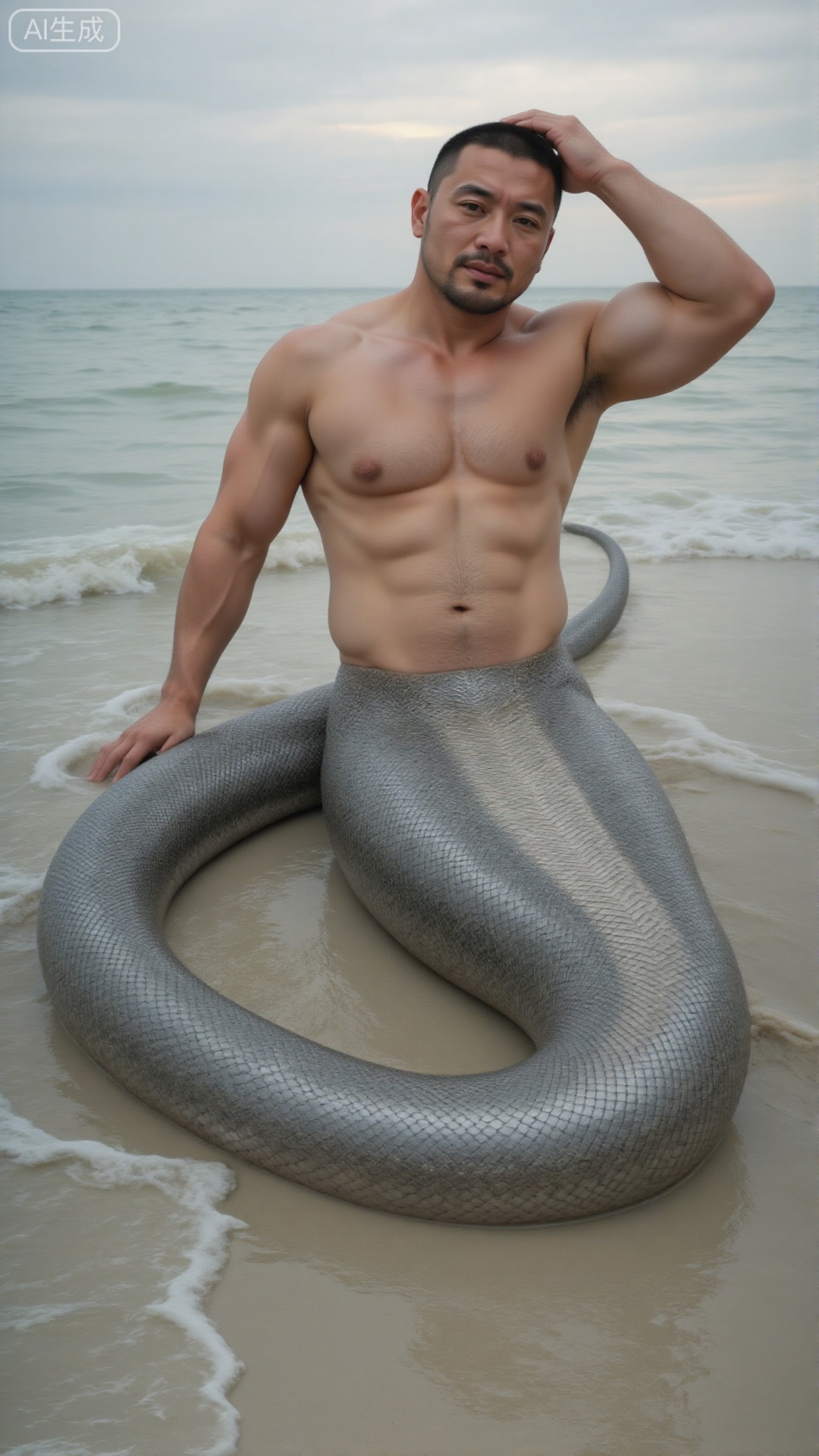 male snake,A serpent man: muscular shirtless human torso, reclining on a sandy beach where gentle waves lap at the shore, with his right arm resting on the sand and his left hand propping up his head; from belly button down, a thick silvery - scaled snake tail coils in a large curve on the sand, its tip extending toward the water; overcast sky with soft lighting; he has a relaxed expression.