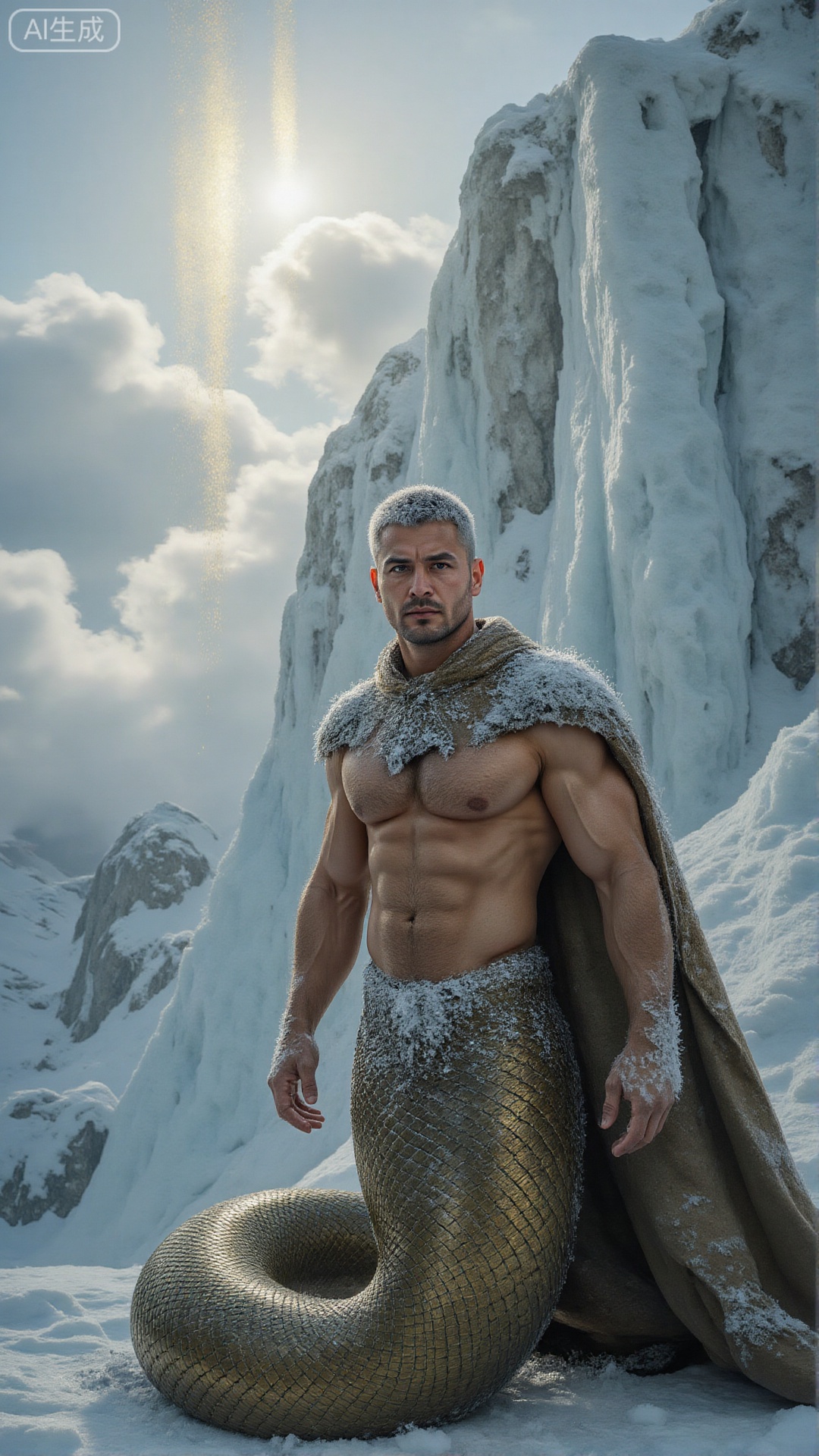 A serpent man stands in front of a giant ice cliff on the top of a snow-capped mountain, with a realistic style. The muscles on the upper body are bulging, the bronze skin is shining with cold light in the bitter cold wind, the short hair is condensed with ice crystals, and the eyes are sharply looking into the distance like a falcon; the lower body is a giant tail covered with dark golden scales, the edges of the scales are frosty, and the tail body is coiled on the frozen rock, and the tip of the tail gently pats the ground, stirring up fine ice chips. The background is the rolling snow-capped peaks, with clouds surging like waves under your feet. The sunlight penetrates the clouds and sprinkles golden light columns, illuminating the worn cloak floating behind him. The overall picture is full of epic. The rough texture of the ice cliff, the metallic luster of the scales and the flow of the clouds are clearly visible, with the magnificent tension.