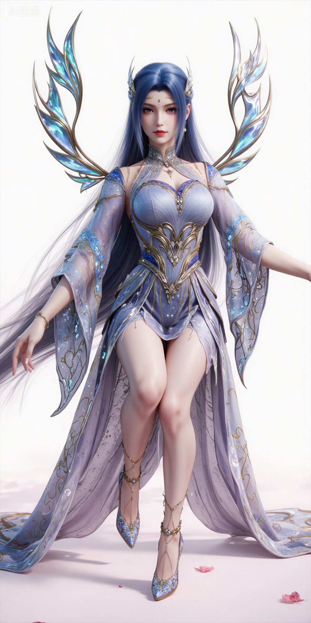 1girl, long hair, dress,  solo, black hair, high heels, bare legs,  jewelry, full body, hair ornament,  blue dress, (front view:1.1),wing,sitting,chair,legs,long legs,
white_background,simple_background,pifu,guanghuapifu,yaoyuegongzhu,liushen,lvjing,lvjing,tangwutong