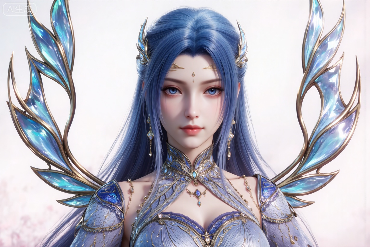 1girl, long hair, blue eyes, hair ornament, solo, upper body, dress, blue hair, wings, blue dress, detached sleeves, jewelry, looking at viewer, closed mouth, earrings, bare shoulders,(front view:1.1),
white_background,simple_background,pifu,guanghuapifu,yaoyuegongzhu,liushen,lvjing,lvjing,tangwutong
