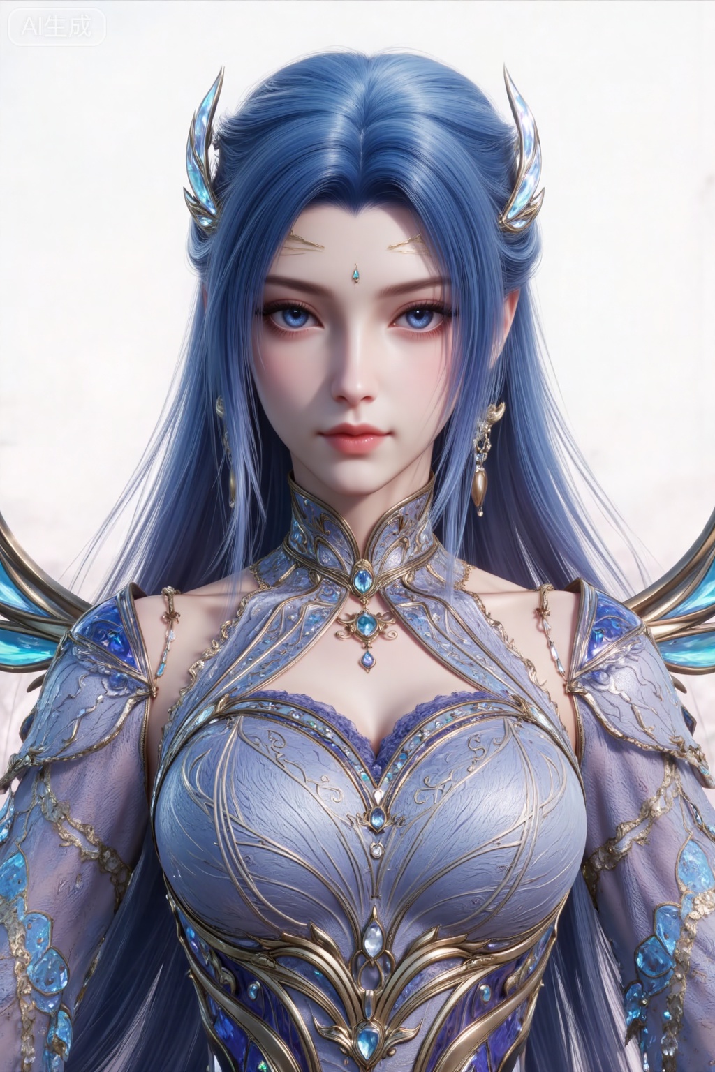 1girl, long hair, blue eyes, hair ornament, solo, upper body, dress, blue hair, wings, blue dress, detached sleeves, jewelry, looking at viewer, closed mouth, earrings, bare shoulders,(front view:1.1),
white_background,simple_background,pifu,guanghuapifu,yaoyuegongzhu,liushen,lvjing,lvjing,tangwutong