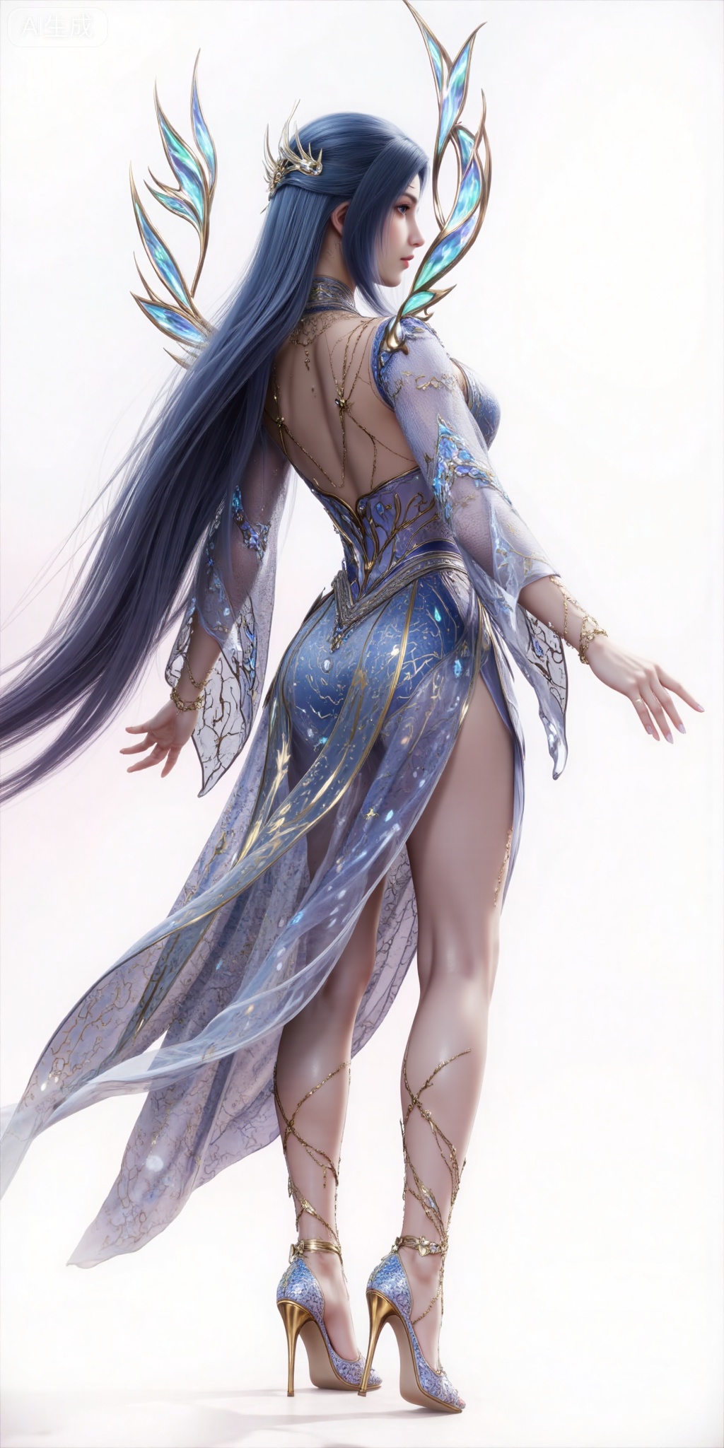 1girl, long hair, dress,  solo, black hair, high heels, bare legs,  jewelry, full body, hair ornament,  blue dress, standing,back,ass,looking_back,wing,legs,long legs,
white_background,simple_background,pifu,guanghuapifu,yaoyuegongzhu,liushen,lvjing,lvjing,tangwutong
