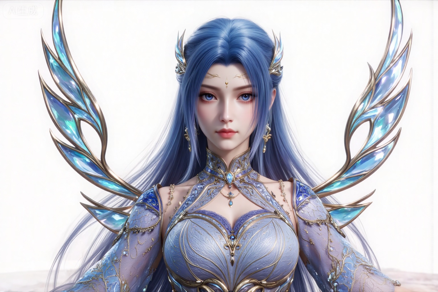 1girl, long hair, blue eyes, hair ornament, solo, upper body, dress, blue hair, wings, blue dress, detached sleeves, jewelry, looking at viewer, closed mouth, earrings, bare shoulders,(front view:1.1),
white_background,simple_background,pifu,guanghuapifu,yaoyuegongzhu,liushen,lvjing,lvjing,tangwutong