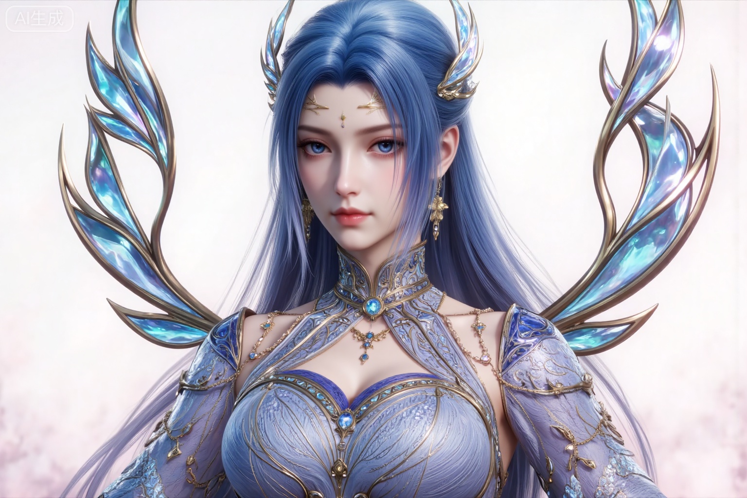 1girl, long hair, blue eyes, hair ornament, solo, upper body, dress, blue hair, wings, blue dress, detached sleeves, jewelry, looking at viewer, closed mouth, earrings, bare shoulders,(front view:1.1),
white_background,simple_background,pifu,guanghuapifu,yaoyuegongzhu,liushen,lvjing,lvjing,tangwutong
