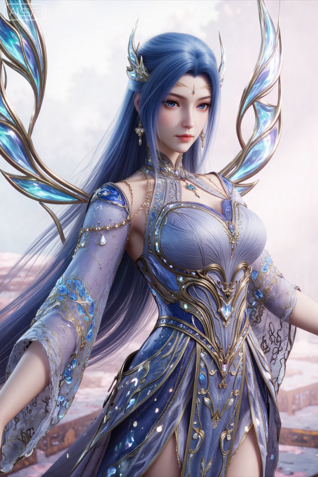 1girl, long hair, blue eyes, hair ornament, solo, upper body, dress, blue hair, wings, blue dress, detached sleeves, jewelry, looking at viewer, closed mouth, earrings, bare shoulders,(front view:1.1),
white_background,simple_background,pifu,guanghuapifu,yaoyuegongzhu,liushen,lvjing,lvjing,tangwutong