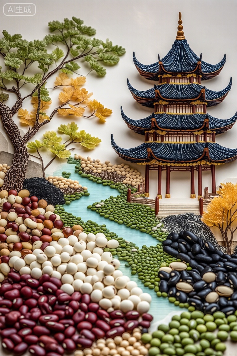 这幅图是东亚传统景观的详细和丰富多彩的表现,使用各种类型的小圆形物体制作而成。这个场景包括一座宝塔,上面有复杂的蓝色和金色的细节,位于构图的中右。宝塔周围是绿叶和黄叶的树木,还有一条蜿蜒的河流,用绿色和蓝色的石头描绘。前景中有各种各样的物体,包括红色、白色和棕色的豆子,以及黑色和绿色的石头,这些物体的排列创造了一种自然和有质感的效果。背景是浅色的中性色,与物体鲜艳的颜色形成鲜明的对比。,五谷坚果创意画