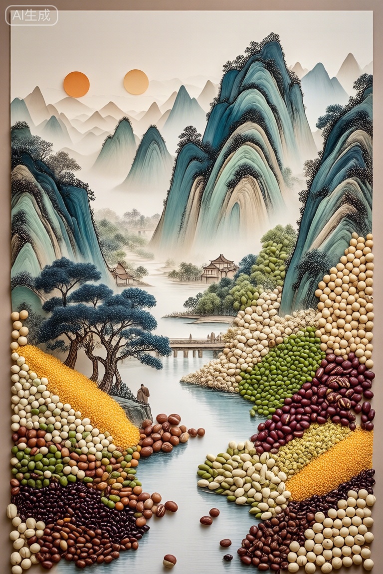 一幅山水画,五谷坚果创意画