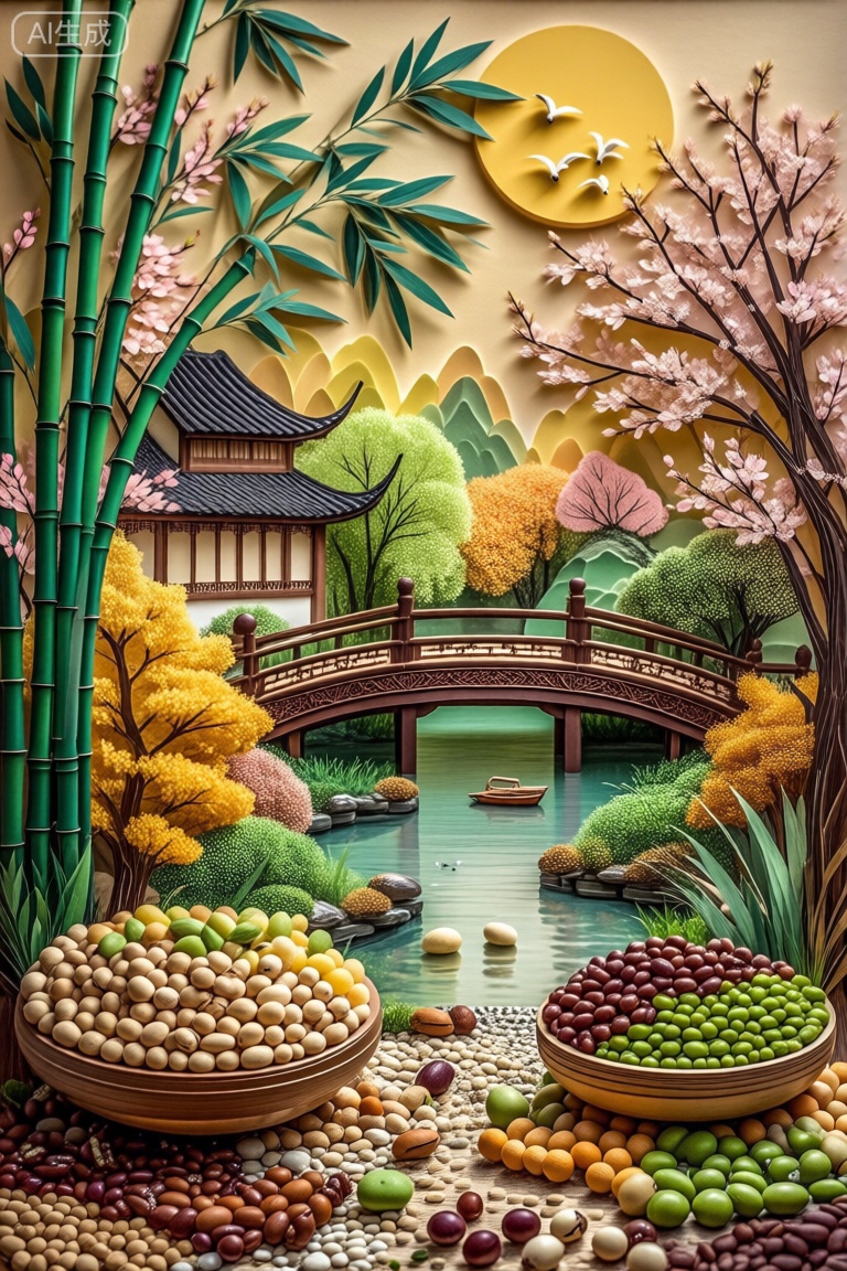 这幅画描绘了一个宁静而多彩的场景,结合了自然和艺术的元素。在前景中,有各种各样的水果和坚果排列在碗里,散落在地上。这些水果包括圆形、椭圆形和细长的水果,以及棕色、绿色和黄色等不同颜色的坚果。水果和坚果被放置在鹅卵石或小石头的床上,创造一个自然的环境。中间有一个宁静的池塘,湖水清澈,倒映着周围的景色。池塘周围是郁郁葱葱的绿色植物,包括竹子和开花树木。竹子高大而充满活力,叶子深浅不一,有些带点粉红色。开花的树木有粉红色和白色的花朵,为景色增添了一抹色彩。背景是一座木桥,上面有复杂的雕刻,横跨池塘。桥的周围有更多的绿色植物,包括茂密的灌木和树木。天空是温暖的金色色调,暗示着日出或日落,一个巨大的黄色太阳部分被云遮住了。总体而言,图像将自然元素与艺术细节相结合,创造了一个和谐而富有视觉吸引力的场景。,这幅画描绘了一个用各种材料制作的宁静的风景场景,创造了剪纸艺术的效果。它的特点是一条河从中心流过,上面漂浮着小船。河岸上点缀着五颜六色的秋色树木,包括黄色、橙色和绿色。在左岸,有一座传统的亚洲风格的房子,在右岸,可以看到一座类似的房子。背景展示了具有分层纹理的风格化山脉,从绿色到棕色,以及明亮的黄色太阳和飞鸟。前景充满了各种各样的彩色圆形物体,类似糖果或弹珠,为场景增添了有趣的元素。这幅画描绘了一个宁静而多彩的场景,结合了自然和艺术的元素。在前景中,有各种各样的水果和坚果排列在碗里,散落在地上。这些水果包括圆形、椭圆形和细长的水果,以及棕色、绿色和黄色等不同颜色的坚果。水果和坚果被放置在鹅卵石或小石头的床上,创造一个自然的环境。中间有一个宁静的池塘,湖水清澈,倒映着周围的景色。池塘周围是郁郁葱葱的绿色植物,包括竹子和开花树木。竹子高大而充满活力,叶子深浅不一,有些带点粉红色。开花的树木有粉红色和白色的花朵,为景色增添了一抹色彩。背景是一座木桥,上面有复杂的雕刻,横跨池塘。桥的周围有更多的绿色植物,包括茂密的灌木和树木。天空是温暖的金色色调,暗示着日出或日落,一个巨大的黄色太阳部分被云遮住了。总体而言,图像将自然元素与艺术细节相结合,创造了一个和谐而富有视觉吸引力的场景。。,五谷坚果创意画