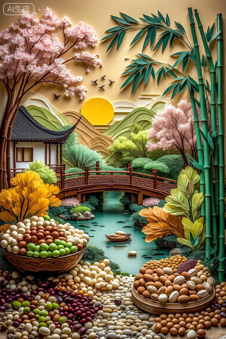 这幅画描绘了一个宁静而多彩的场景,结合了自然和艺术的元素。在前景中,有各种各样的水果和坚果排列在碗里,散落在地上。这些水果包括圆形、椭圆形和细长的水果,以及棕色、绿色和黄色等不同颜色的坚果。水果和坚果被放置在鹅卵石或小石头的床上,创造一个自然的环境。中间有一个宁静的池塘,湖水清澈,倒映着周围的景色。池塘周围是郁郁葱葱的绿色植物,包括竹子和开花树木。竹子高大而充满活力,叶子深浅不一,有些带点粉红色。开花的树木有粉红色和白色的花朵,为景色增添了一抹色彩。背景是一座木桥,上面有复杂的雕刻,横跨池塘。桥的周围有更多的绿色植物,包括茂密的灌木和树木。天空是温暖的金色色调,暗示着日出或日落,一个巨大的黄色太阳部分被云遮住了。总体而言,图像将自然元素与艺术细节相结合,创造了一个和谐而富有视觉吸引力的场景。,这幅画描绘了一个用各种材料制作的宁静的风景场景,创造了剪纸艺术的效果。它的特点是一条河从中心流过,上面漂浮着小船。河岸上点缀着五颜六色的秋色树木,包括黄色、橙色和绿色。在左岸,有一座传统的亚洲风格的房子,在右岸,可以看到一座类似的房子。背景展示了具有分层纹理的风格化山脉,从绿色到棕色,以及明亮的黄色太阳和飞鸟。前景充满了各种各样的彩色圆形物体,类似糖果或弹珠,为场景增添了有趣的元素。这幅画描绘了一个宁静而多彩的场景,结合了自然和艺术的元素。在前景中,有各种各样的水果和坚果排列在碗里,散落在地上。这些水果包括圆形、椭圆形和细长的水果,以及棕色、绿色和黄色等不同颜色的坚果。水果和坚果被放置在鹅卵石或小石头的床上,创造一个自然的环境。中间有一个宁静的池塘,湖水清澈,倒映着周围的景色。池塘周围是郁郁葱葱的绿色植物,包括竹子和开花树木。竹子高大而充满活力,叶子深浅不一,有些带点粉红色。开花的树木有粉红色和白色的花朵,为景色增添了一抹色彩。背景是一座木桥,上面有复杂的雕刻,横跨池塘。桥的周围有更多的绿色植物,包括茂密的灌木和树木。天空是温暖的金色色调,暗示着日出或日落,一个巨大的黄色太阳部分被云遮住了。总体而言,图像将自然元素与艺术细节相结合,创造了一个和谐而富有视觉吸引力的场景。。,五谷坚果创意画
