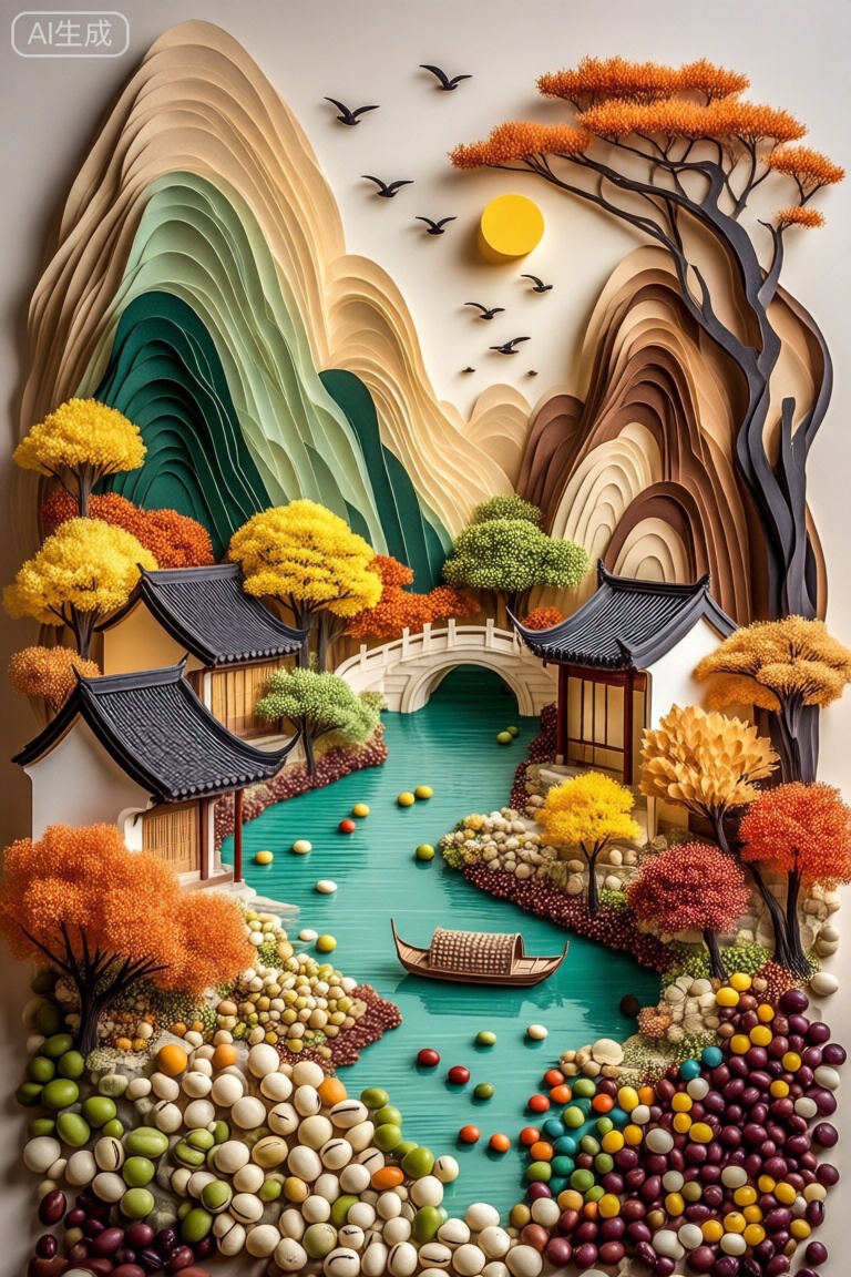 这幅画描绘了一个用各种材料制作的宁静的风景场景,创造了剪纸艺术的效果。它的特点是一条河从中心流过,上面漂浮着小船。河岸上点缀着五颜六色的秋色树木,包括黄色、橙色和绿色。在左岸,有一座传统的亚洲风格的房子,在右岸,可以看到一座类似的房子。背景展示了具有分层纹理的风格化山脉,从绿色到棕色,以及明亮的黄色太阳和飞鸟。前景充满了各种各样的彩色圆形物体,类似糖果或弹珠,为场景增添了有趣的元素。。,五谷坚果创意画