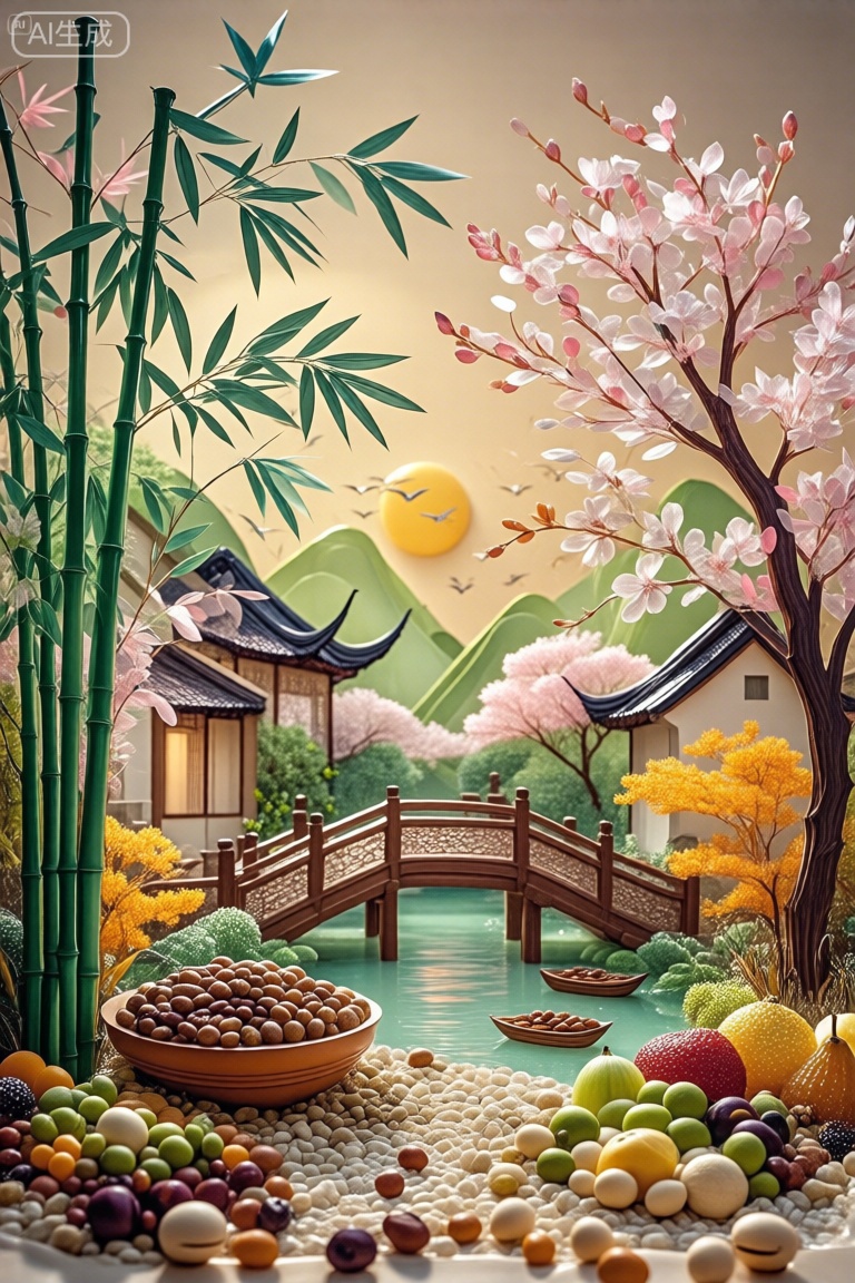 这幅画描绘了一个宁静而多彩的场景,结合了自然和艺术的元素。在前景中,有各种各样的水果和坚果排列在碗里,散落在地上。这些水果包括圆形、椭圆形和细长的水果,以及棕色、绿色和黄色等不同颜色的坚果。水果和坚果被放置在鹅卵石或小石头的床上,创造一个自然的环境。中间有一个宁静的池塘,湖水清澈,倒映着周围的景色。池塘周围是郁郁葱葱的绿色植物,包括竹子和开花树木。竹子高大而充满活力,叶子深浅不一,有些带点粉红色。开花的树木有粉红色和白色的花朵,为景色增添了一抹色彩。背景是一座木桥,上面有复杂的雕刻,横跨池塘。桥的周围有更多的绿色植物,包括茂密的灌木和树木。天空是温暖的金色色调,暗示着日出或日落,一个巨大的黄色太阳部分被云遮住了。总体而言,图像将自然元素与艺术细节相结合,创造了一个和谐而富有视觉吸引力的场景。,这幅画描绘了一个用各种材料制作的宁静的风景场景,创造了剪纸艺术的效果。它的特点是一条河从中心流过,上面漂浮着小船。河岸上点缀着五颜六色的秋色树木,包括黄色、橙色和绿色。在左岸,有一座传统的亚洲风格的房子,在右岸,可以看到一座类似的房子。背景展示了具有分层纹理的风格化山脉,从绿色到棕色,以及明亮的黄色太阳和飞鸟。前景充满了各种各样的彩色圆形物体,类似糖果或弹珠,为场景增添了有趣的元素。这幅画描绘了一个宁静而多彩的场景,结合了自然和艺术的元素。在前景中,有各种各样的水果和坚果排列在碗里,散落在地上。这些水果包括圆形、椭圆形和细长的水果,以及棕色、绿色和黄色等不同颜色的坚果。水果和坚果被放置在鹅卵石或小石头的床上,创造一个自然的环境。中间有一个宁静的池塘,湖水清澈,倒映着周围的景色。池塘周围是郁郁葱葱的绿色植物,包括竹子和开花树木。竹子高大而充满活力,叶子深浅不一,有些带点粉红色。开花的树木有粉红色和白色的花朵,为景色增添了一抹色彩。背景是一座木桥,上面有复杂的雕刻,横跨池塘。桥的周围有更多的绿色植物,包括茂密的灌木和树木。天空是温暖的金色色调,暗示着日出或日落,一个巨大的黄色太阳部分被云遮住了。总体而言,图像将自然元素与艺术细节相结合,创造了一个和谐而富有视觉吸引力的场景。。,五谷坚果创意画,水晶工艺