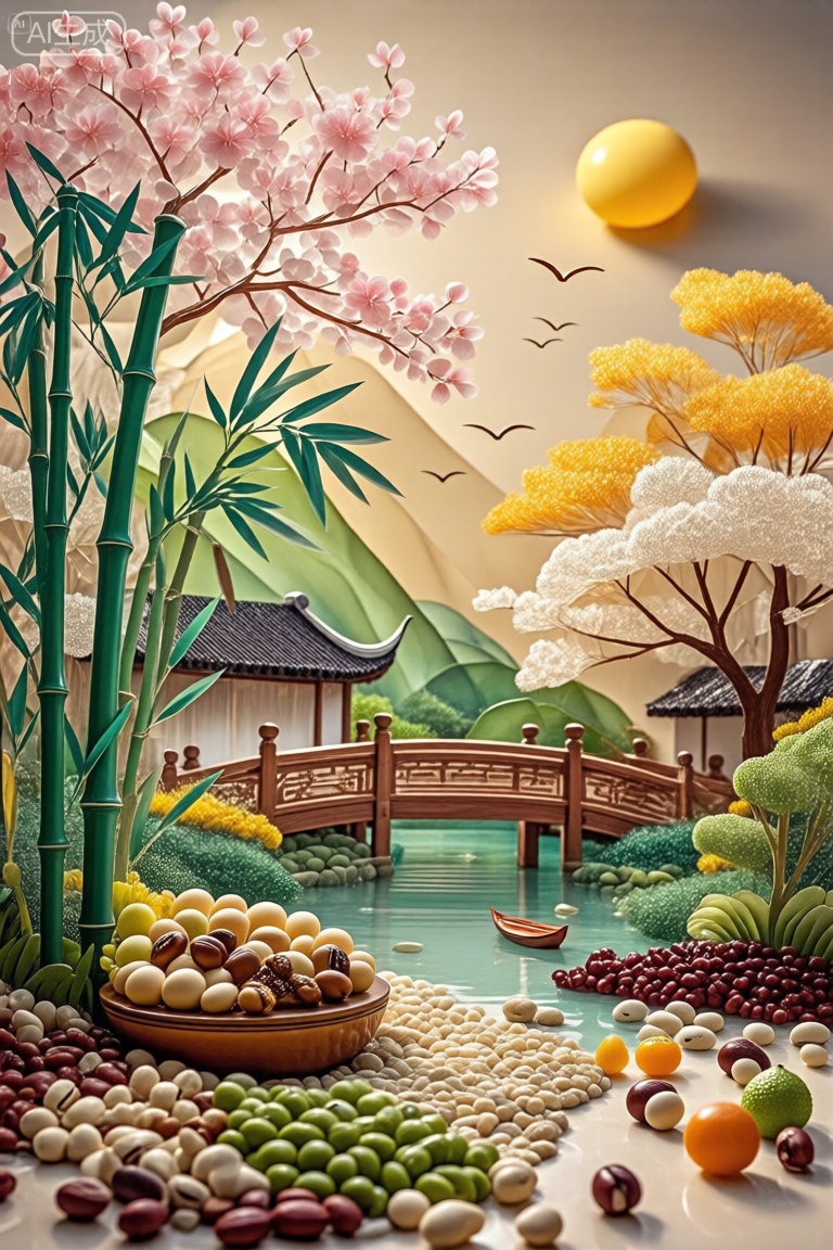 这幅画描绘了一个宁静而多彩的场景,结合了自然和艺术的元素。在前景中,有各种各样的水果和坚果排列在碗里,散落在地上。这些水果包括圆形、椭圆形和细长的水果,以及棕色、绿色和黄色等不同颜色的坚果。水果和坚果被放置在鹅卵石或小石头的床上,创造一个自然的环境。中间有一个宁静的池塘,湖水清澈,倒映着周围的景色。池塘周围是郁郁葱葱的绿色植物,包括竹子和开花树木。竹子高大而充满活力,叶子深浅不一,有些带点粉红色。开花的树木有粉红色和白色的花朵,为景色增添了一抹色彩。背景是一座木桥,上面有复杂的雕刻,横跨池塘。桥的周围有更多的绿色植物,包括茂密的灌木和树木。天空是温暖的金色色调,暗示着日出或日落,一个巨大的黄色太阳部分被云遮住了。总体而言,图像将自然元素与艺术细节相结合,创造了一个和谐而富有视觉吸引力的场景。,这幅画描绘了一个用各种材料制作的宁静的风景场景,创造了剪纸艺术的效果。它的特点是一条河从中心流过,上面漂浮着小船。河岸上点缀着五颜六色的秋色树木,包括黄色、橙色和绿色。在左岸,有一座传统的亚洲风格的房子,在右岸,可以看到一座类似的房子。背景展示了具有分层纹理的风格化山脉,从绿色到棕色,以及明亮的黄色太阳和飞鸟。前景充满了各种各样的彩色圆形物体,类似糖果或弹珠,为场景增添了有趣的元素。这幅画描绘了一个宁静而多彩的场景,结合了自然和艺术的元素。在前景中,有各种各样的水果和坚果排列在碗里,散落在地上。这些水果包括圆形、椭圆形和细长的水果,以及棕色、绿色和黄色等不同颜色的坚果。水果和坚果被放置在鹅卵石或小石头的床上,创造一个自然的环境。中间有一个宁静的池塘,湖水清澈,倒映着周围的景色。池塘周围是郁郁葱葱的绿色植物,包括竹子和开花树木。竹子高大而充满活力,叶子深浅不一,有些带点粉红色。开花的树木有粉红色和白色的花朵,为景色增添了一抹色彩。背景是一座木桥,上面有复杂的雕刻,横跨池塘。桥的周围有更多的绿色植物,包括茂密的灌木和树木。天空是温暖的金色色调,暗示着日出或日落,一个巨大的黄色太阳部分被云遮住了。总体而言,图像将自然元素与艺术细节相结合,创造了一个和谐而富有视觉吸引力的场景。。,五谷坚果创意画,水晶工艺