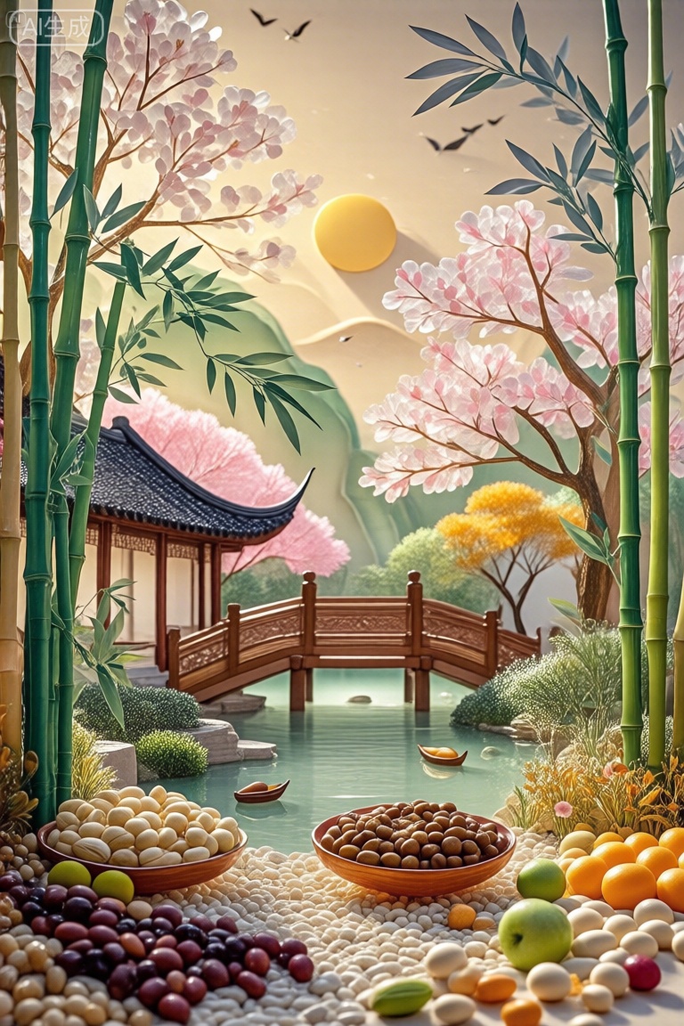 这幅画描绘了一个宁静而多彩的场景,结合了自然和艺术的元素。在前景中,有各种各样的水果和坚果排列在碗里,散落在地上。这些水果包括圆形、椭圆形和细长的水果,以及棕色、绿色和黄色等不同颜色的坚果。水果和坚果被放置在鹅卵石或小石头的床上,创造一个自然的环境。中间有一个宁静的池塘,湖水清澈,倒映着周围的景色。池塘周围是郁郁葱葱的绿色植物,包括竹子和开花树木。竹子高大而充满活力,叶子深浅不一,有些带点粉红色。开花的树木有粉红色和白色的花朵,为景色增添了一抹色彩。背景是一座木桥,上面有复杂的雕刻,横跨池塘。桥的周围有更多的绿色植物,包括茂密的灌木和树木。天空是温暖的金色色调,暗示着日出或日落,一个巨大的黄色太阳部分被云遮住了。总体而言,图像将自然元素与艺术细节相结合,创造了一个和谐而富有视觉吸引力的场景。,这幅画描绘了一个用各种材料制作的宁静的风景场景,创造了剪纸艺术的效果。它的特点是一条河从中心流过,上面漂浮着小船。河岸上点缀着五颜六色的秋色树木,包括黄色、橙色和绿色。在左岸,有一座传统的亚洲风格的房子,在右岸,可以看到一座类似的房子。背景展示了具有分层纹理的风格化山脉,从绿色到棕色,以及明亮的黄色太阳和飞鸟。前景充满了各种各样的彩色圆形物体,类似糖果或弹珠,为场景增添了有趣的元素。这幅画描绘了一个宁静而多彩的场景,结合了自然和艺术的元素。在前景中,有各种各样的水果和坚果排列在碗里,散落在地上。这些水果包括圆形、椭圆形和细长的水果,以及棕色、绿色和黄色等不同颜色的坚果。水果和坚果被放置在鹅卵石或小石头的床上,创造一个自然的环境。中间有一个宁静的池塘,湖水清澈,倒映着周围的景色。池塘周围是郁郁葱葱的绿色植物,包括竹子和开花树木。竹子高大而充满活力,叶子深浅不一,有些带点粉红色。开花的树木有粉红色和白色的花朵,为景色增添了一抹色彩。背景是一座木桥,上面有复杂的雕刻,横跨池塘。桥的周围有更多的绿色植物,包括茂密的灌木和树木。天空是温暖的金色色调,暗示着日出或日落,一个巨大的黄色太阳部分被云遮住了。总体而言,图像将自然元素与艺术细节相结合,创造了一个和谐而富有视觉吸引力的场景。。,五谷坚果创意画,水晶工艺